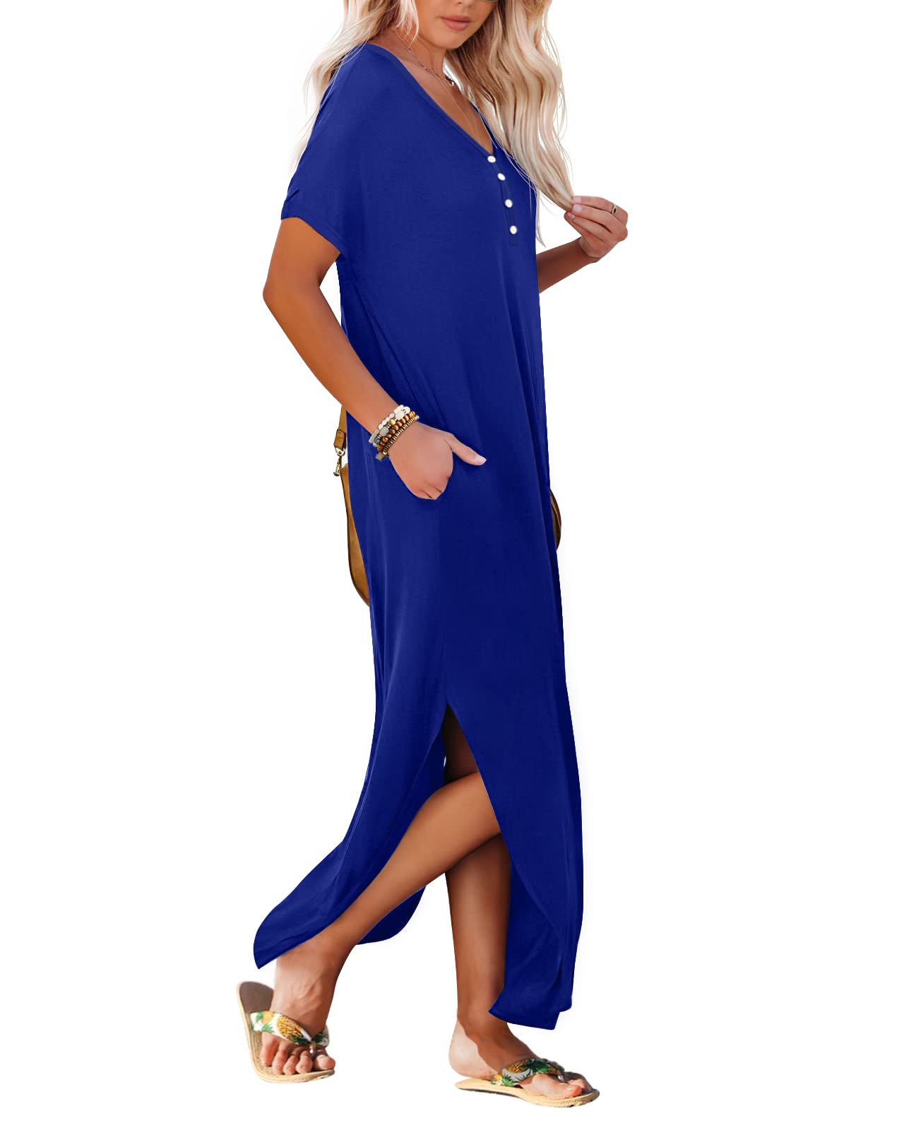 GRECERELLE Women's Summer Casual Long Sleeveless Maxi Dress with High Slits - Beach Cover Up, Vacation Outfit, Boho Chic Party Wear