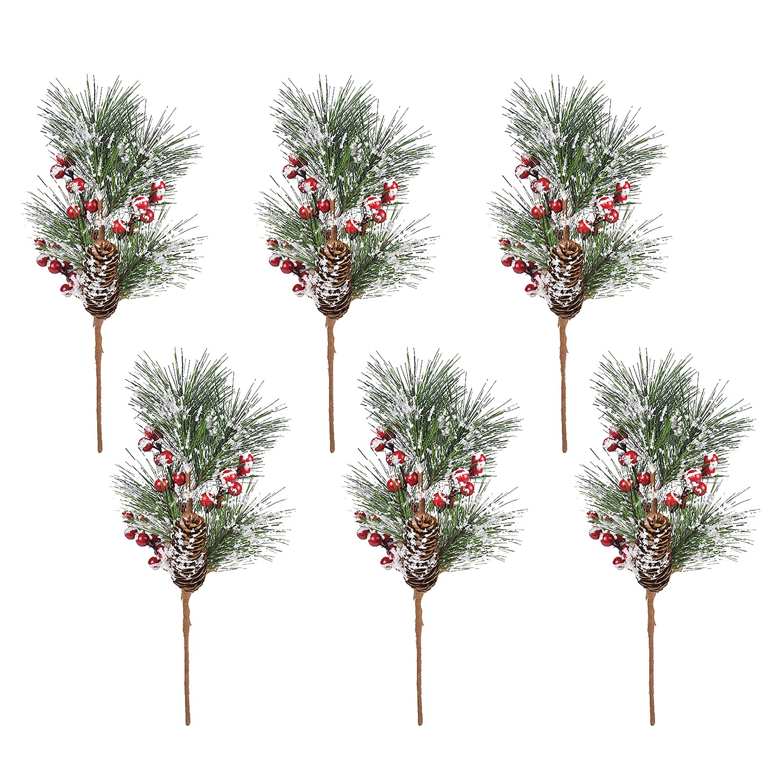 6Pcs 14.2inch Artificial Red Berry Stems with Pine Branches & Holly - Christmas DIY Craft Picks for Wreaths, Garlands, Ornaments and Holiday Decorations (36cm) - Perfect for Festive Home Decor, Gift Wrapping, and Seasonal Centerpieces