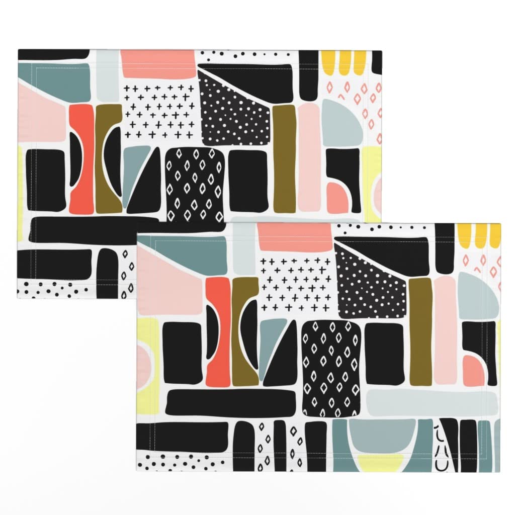 Modern Geometric Print Linen Cotton Canvas Placemats Set of 2 - Bold Color Block Design for Dining Table Decor, Kitchen Accessories & Home Entertaining