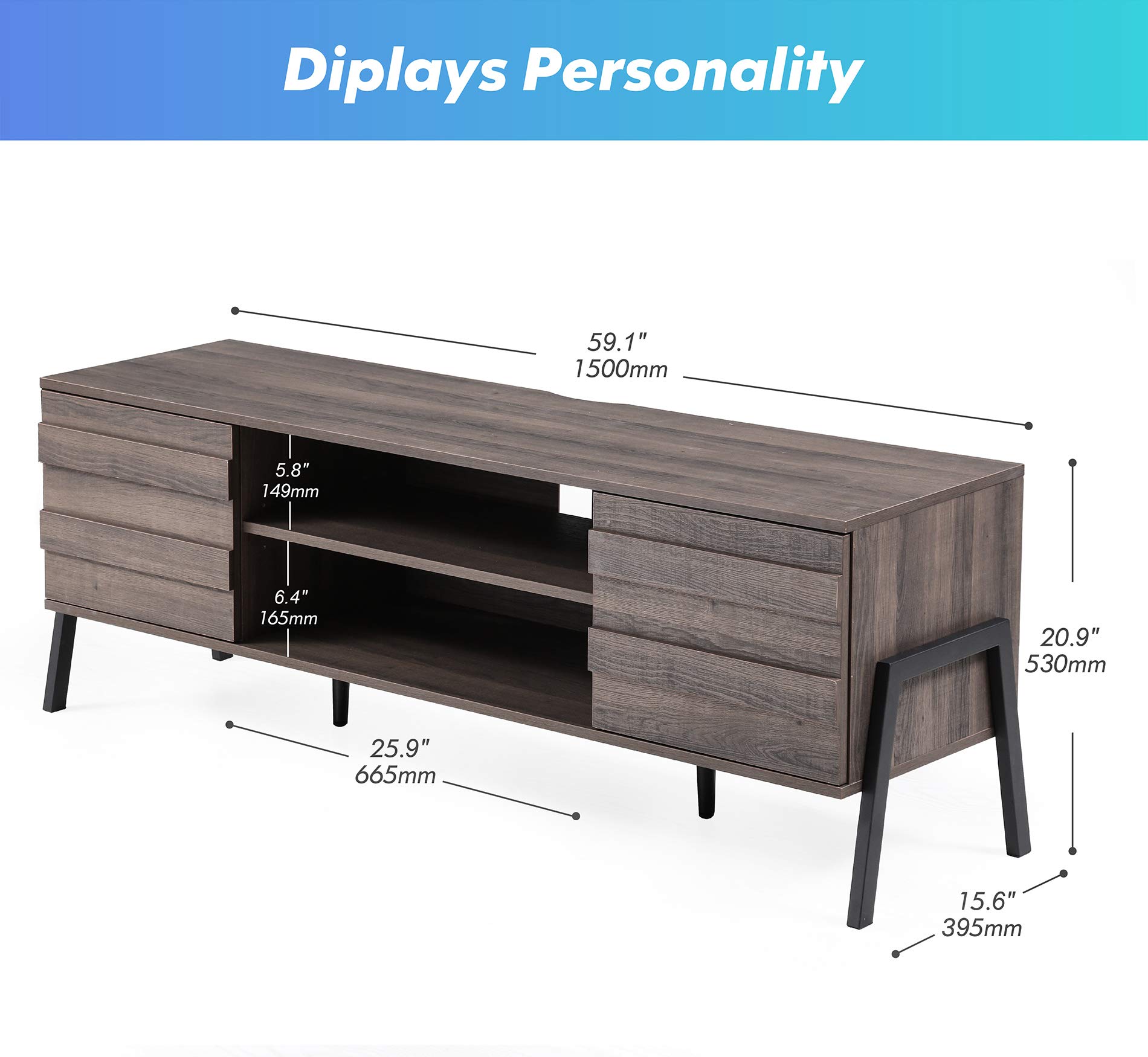 FITUEYES 60 Inch Mid-Century Modern TV Stand with Storage Cabinet - Retro Wood Entertainment Center for 65 Inch Flat Screen TVs - Espresso TV Console Table with Metal Legs for Living Room & Bedroom - Perfect for Home Theater Setup & Media Organization