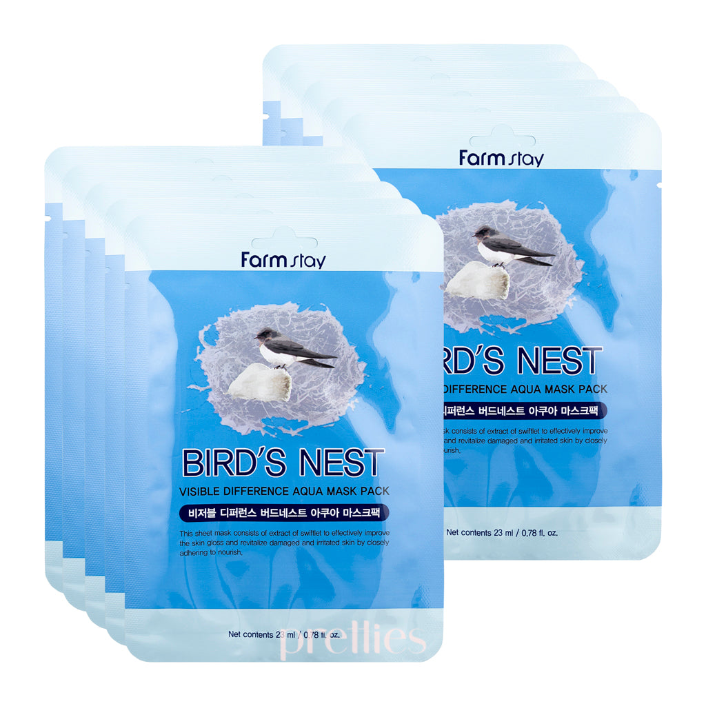 Farmstay Visible Difference Bird's Nest Aqua Mask Pack - Hydrating & Brightening Sheet Mask (10 Sheets) - Korean Skincare for Glowing Skin - Perfect for Daily Hydration & Spa Night