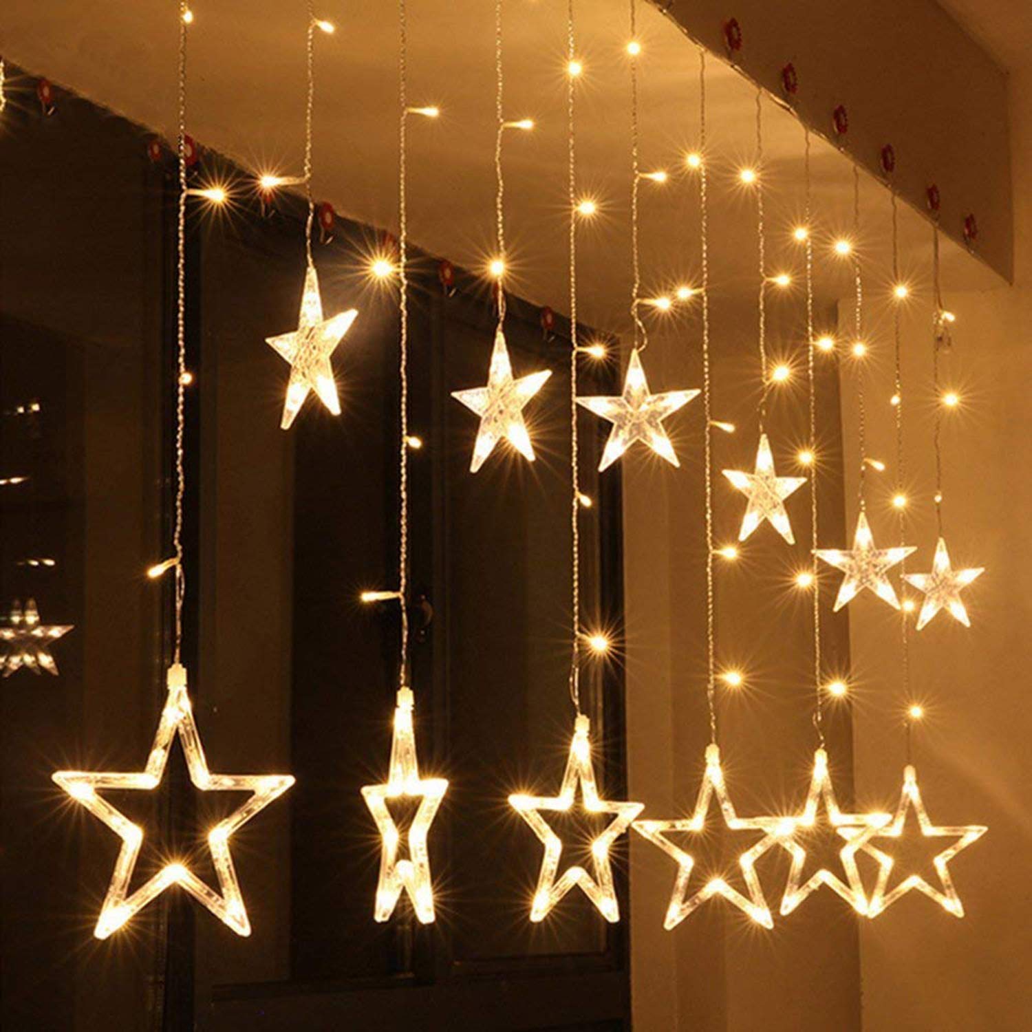 WISHWILL 12-Star 138 LED Twinkle Curtain Lights with 8 Lighting Modes - Waterproof UL Certified Fairy String Lights for Bedroom, Party & Christmas Decor (Warm White) | Perfect for Indoor/Outdoor Weddings, Holidays and Cozy Home Ambiance