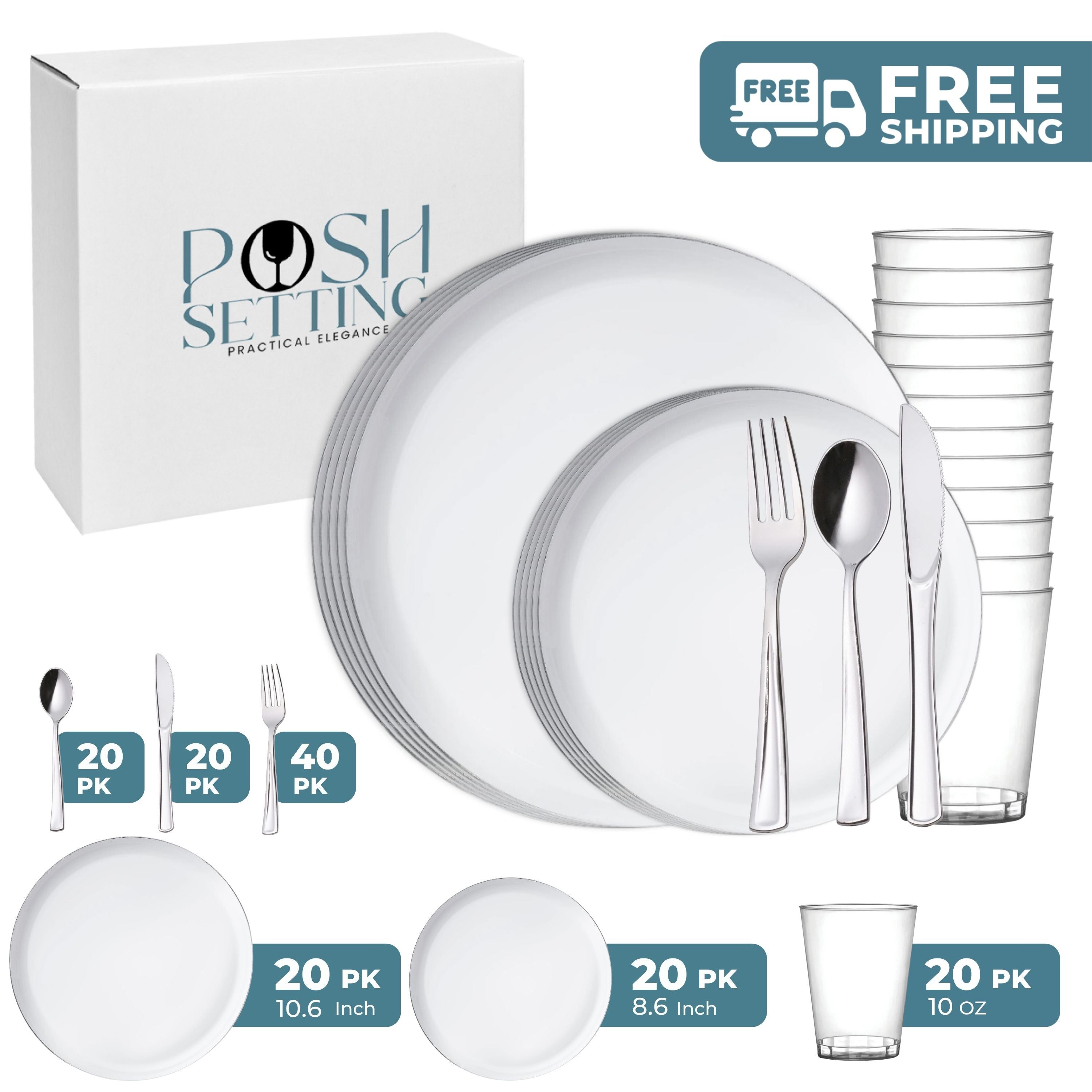 Premium White & Silver Plastic Party Bundle - Elegant Disposable Tableware Set for Weddings, Birthdays & Special Events