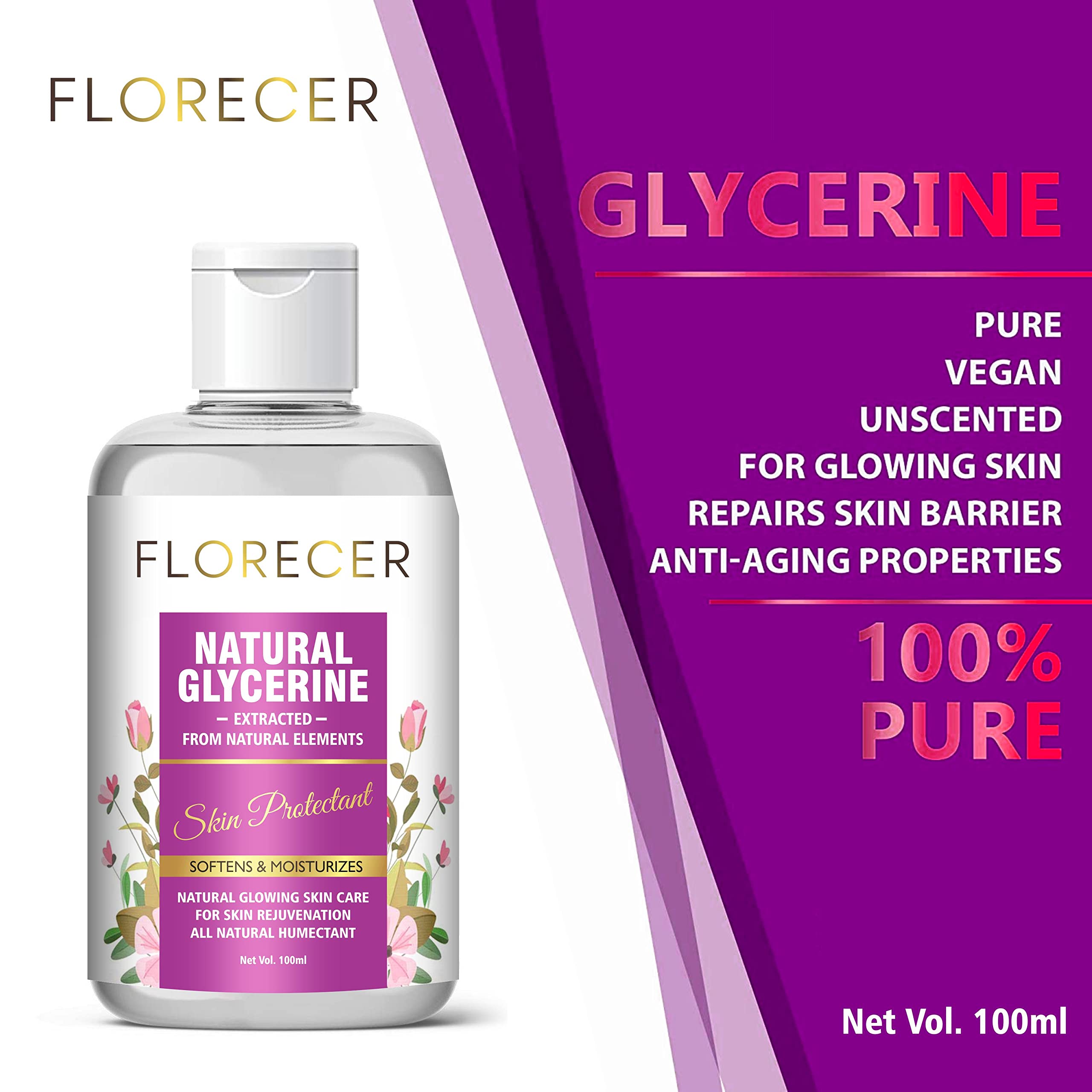 Florecer Pure Glycerin for Face & Skin Care (100ml) & Organic Kasturi Turmeric Powder for Glowing Skin (100g) - Hydrating Moisturizer & Natural Brightening Treatment for Dry Skin & Dark Spots | DIY Face Masks & Beauty Routine