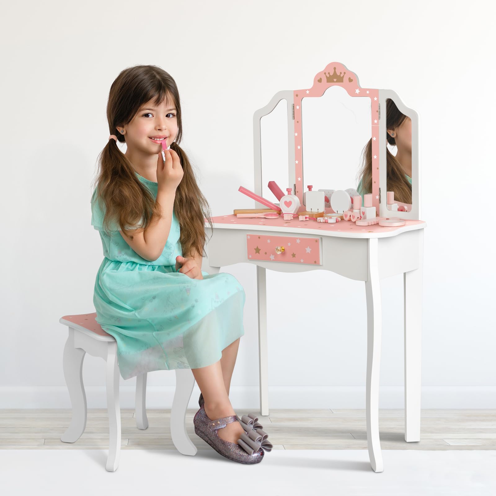 Kids Vanity Set with Mirror & Stool - Wooden Pretend Makeup Dressing Table for Girls, Perfect Gift for Little Princess | Playroom Decor, Birthday Present & Pretend Play Accessory
