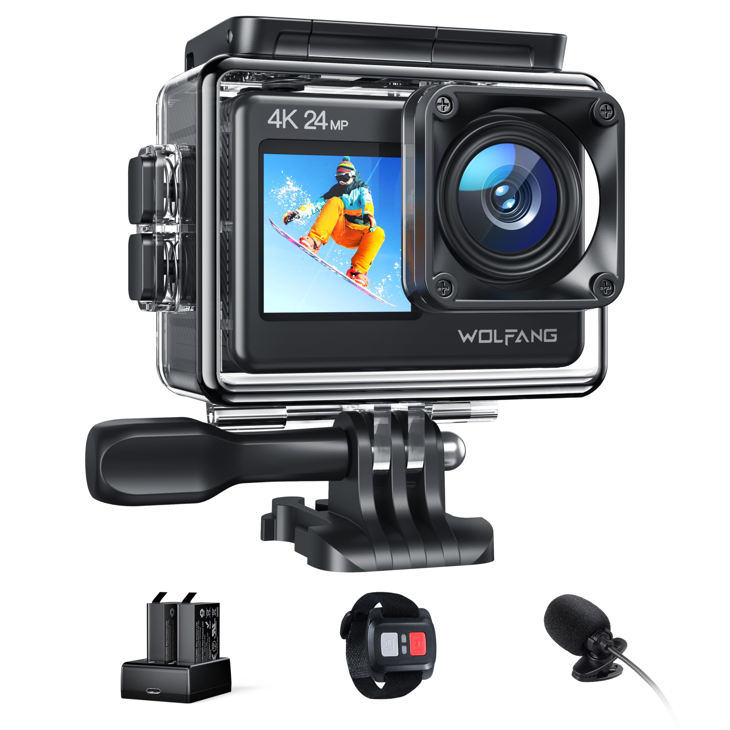 WOLFANG GA200 4K Dual Screen Sports Camera - 24MP Wide Angle WiFi Waterproof Action Camera with EIS Stabilization, Touch Screen, Remote Control & Accessories (2 Batteries, Charger, Microphone) - Perfect for Vlogging, Underwater Adventures, Motorcycle Riding & Extreme Sports Recording