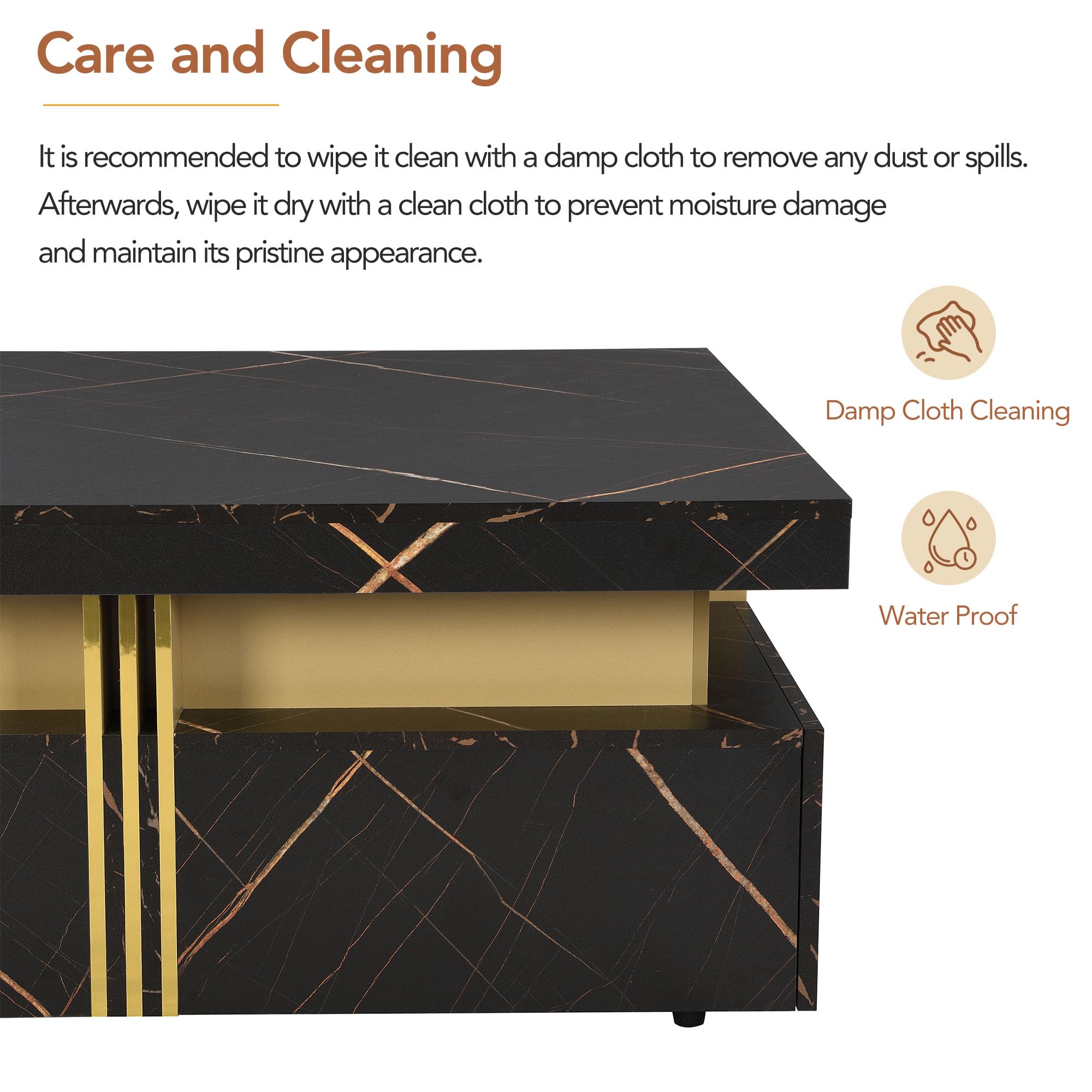 Modern Black & Gold Square Coffee Table with 4 Storage Drawers - Large Wooden Living Room Center Table with Hidden Storage - Perfect for Small Spaces, Apartments & Cozy Home Decor
