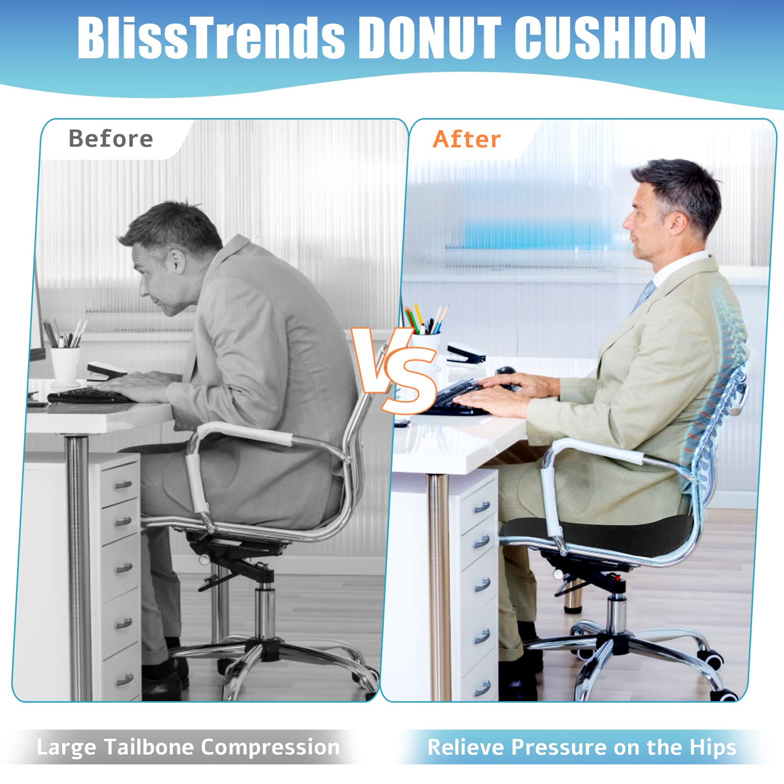 BlissTrends Memory Foam Donut Pillow Seat Cushion for Postpartum Recovery, Hemorrhoid & Tailbone Pain Relief - Orthopedic Office & Home Chair Cushion (Black) - Perfect for Pregnancy, Post-Surgery & Long Sitting Comfort