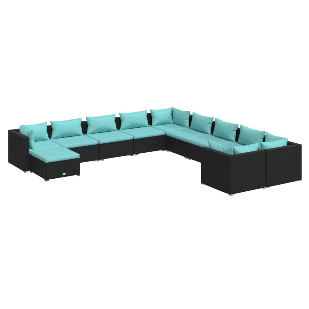 vidaXL 11-Piece Black Poly Rattan Patio Lounge Set with Sectional Sofas & Footrest - Weather-Resistant Outdoor Furniture with Comfortable Cushions for Poolside, Garden, or Backyard Relaxation
