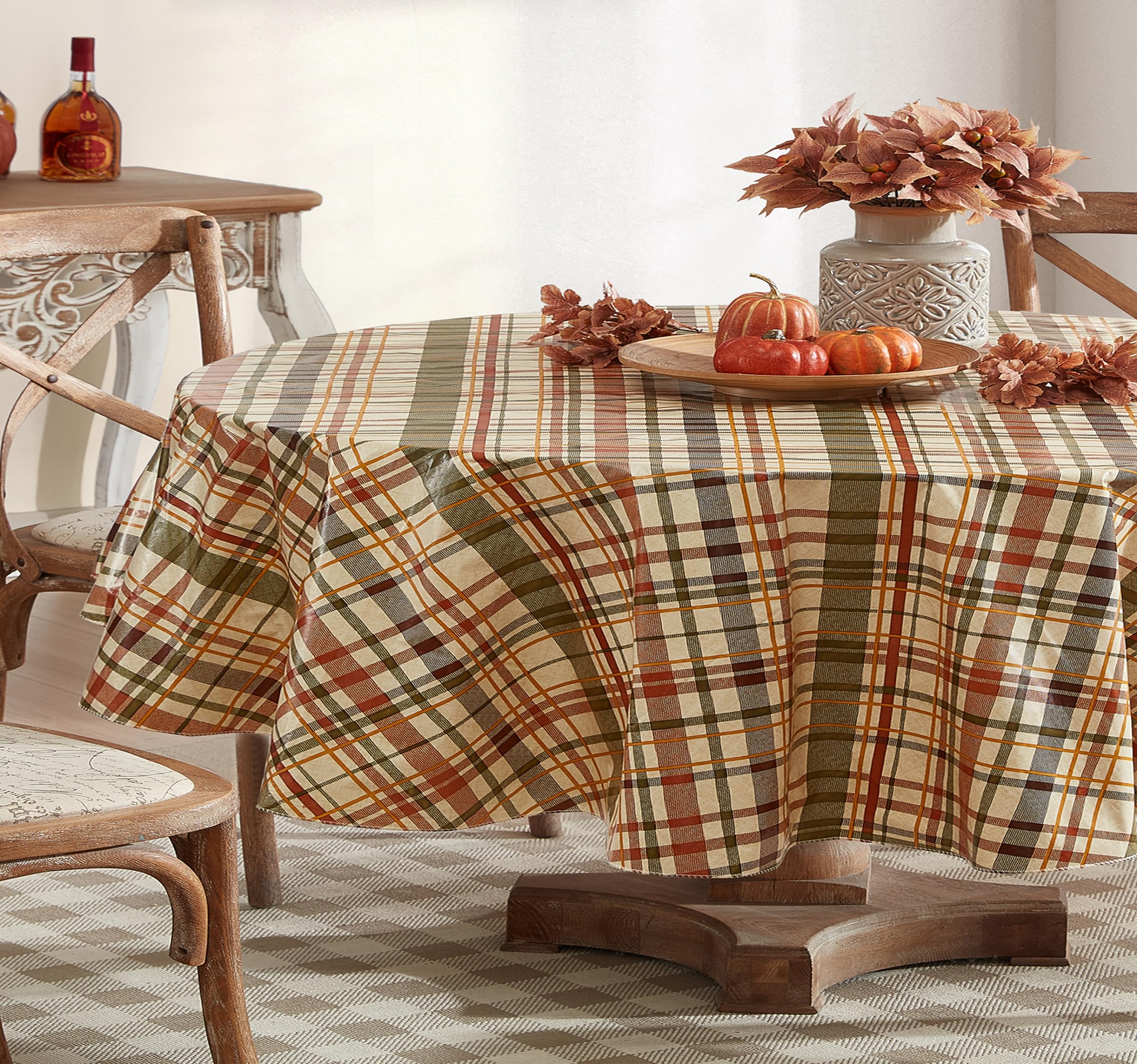 Premium Newbridge Diagonal Plaid Vinyl Tablecloth - Green, Rust & Brown Fall Design, Wipe-Clean Easy Care, 60x84 Inch Oval - Perfect for Thanksgiving, Christmas, and Autumn Dining Decor