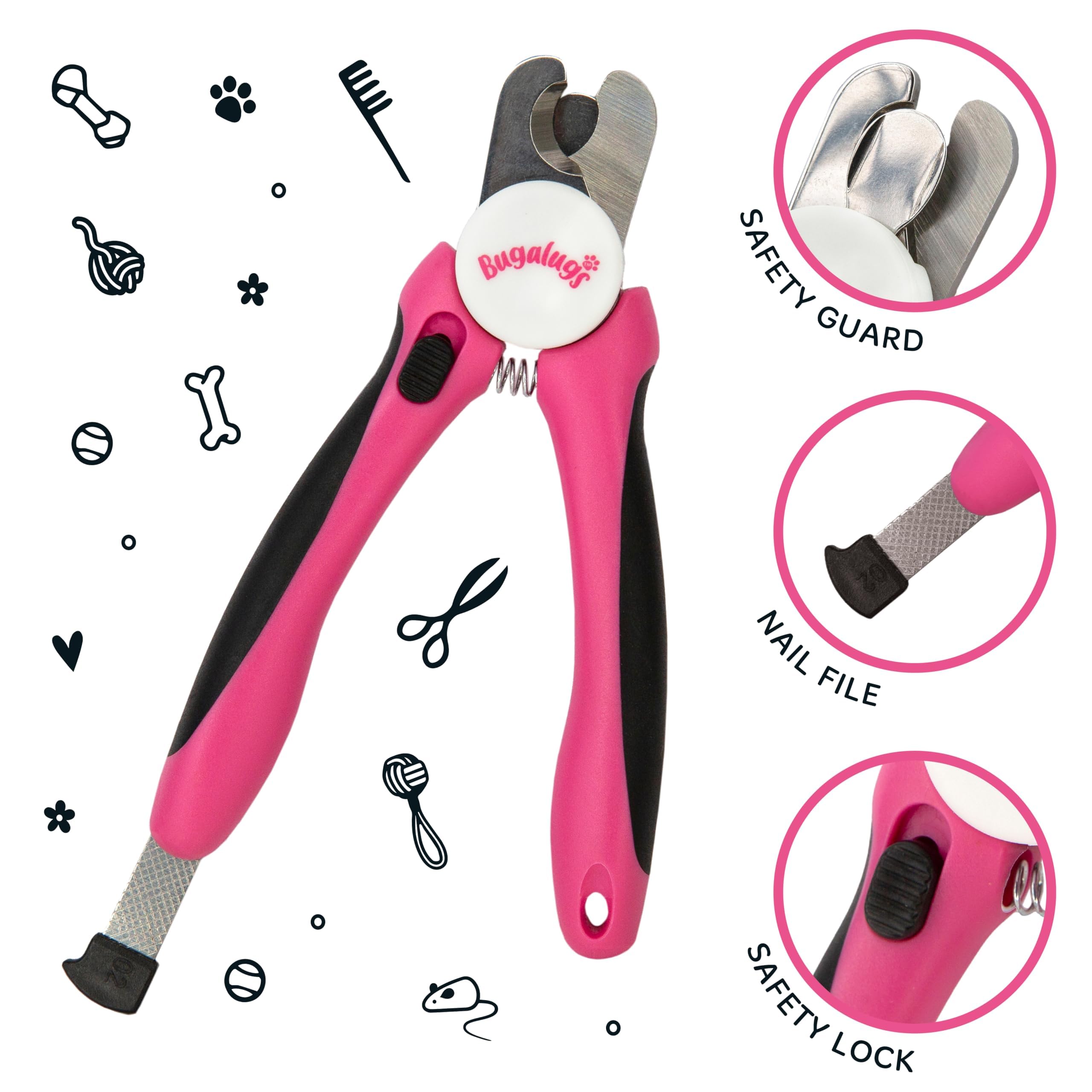 BUGALUGS Dog & Cat Nail Clippers with Safety Guard - Professional Pet Nail Trimmer & File for Dogs, Cats, Puppies & Kittens - Medium to Large Pet Grooming Supplies for Safe At-Home Nail Care