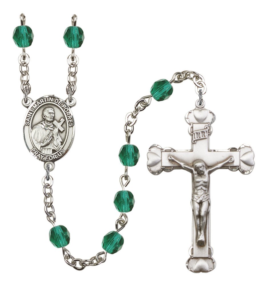 Silver Plated Rosary with 6mm Zircon Fire Polished Beads - 1 5/8 x 1 Crucifix & St. Martin de Porres Medal - Perfect for Prayer, Meditation & Catholic Gifts
