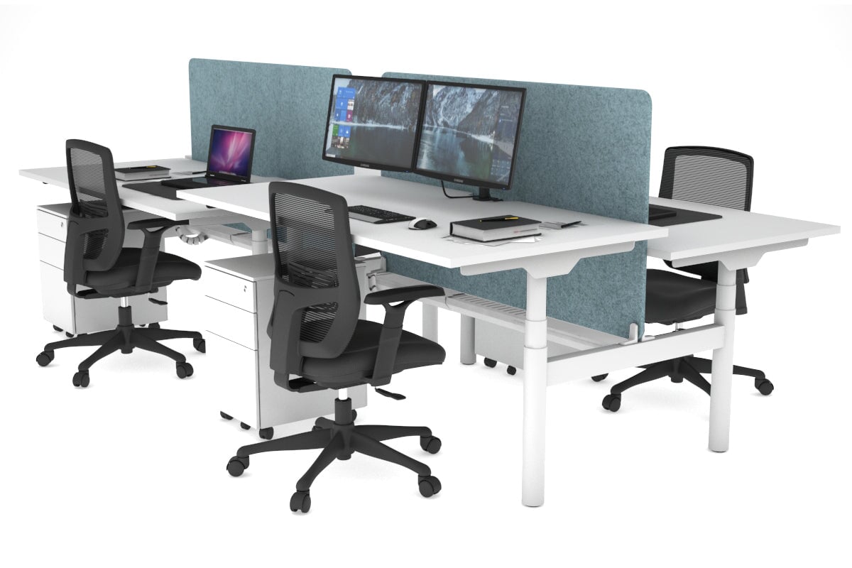 Flexi Premium Height Adjustable 4-Person H Bench Workstation - White Frame [1800L x 800W with Cable Management] - Ideal for Office, Coworking Spaces & Collaborative Work Environments