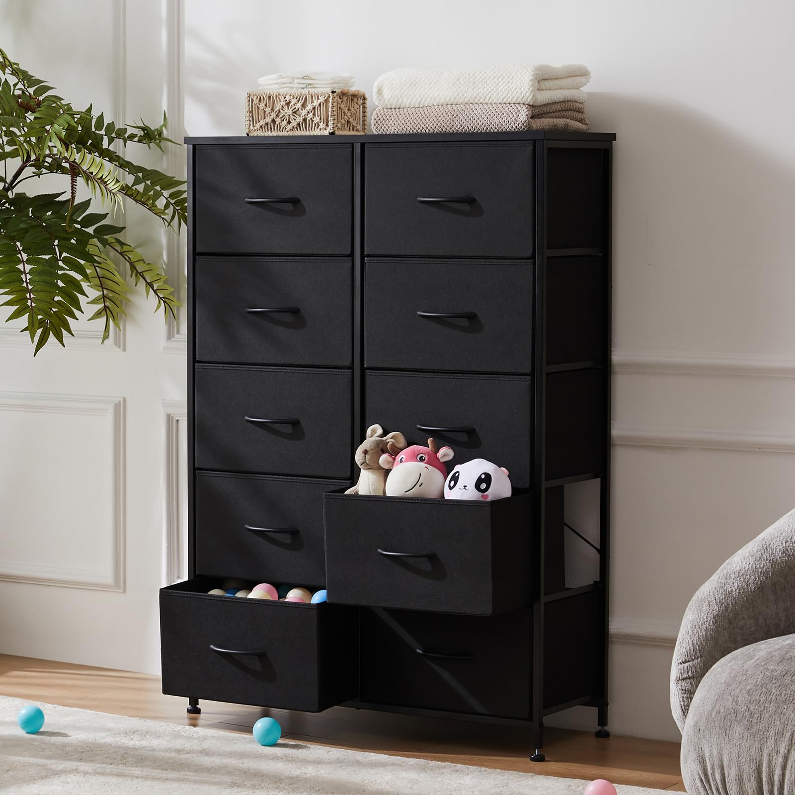 Sweetcrispy 10-Drawer Tall Dresser for Bedroom - Wood Top & Steel Frame Chest of Drawers with Fabric Bins - Spacious Storage Organizer for Clothes, Accessories & More - Perfect for Bedroom, Closet & Entryway Organization