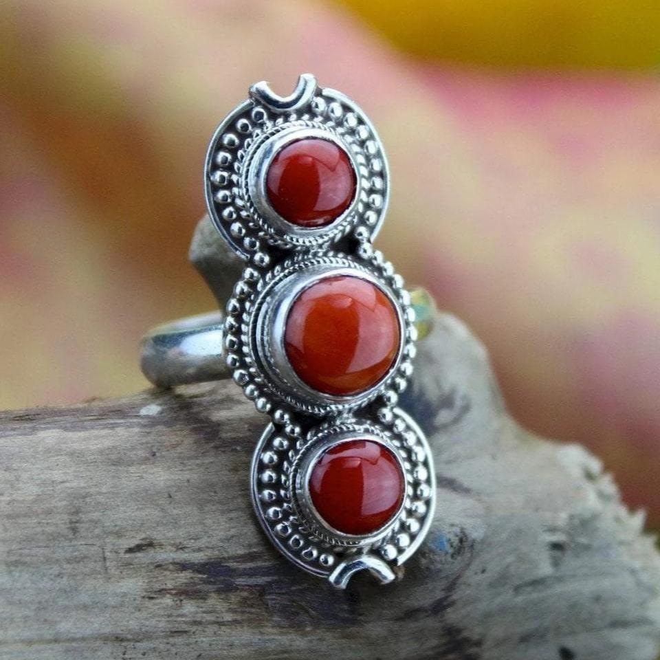 3 Stone Coral and Sterling Silver Ring for Women - Elegant Handmade Jewelry Gift for Anniversary, Birthday, Valentine's Day | Perfect for Beach Weddings, Date Nights & Special Occasions