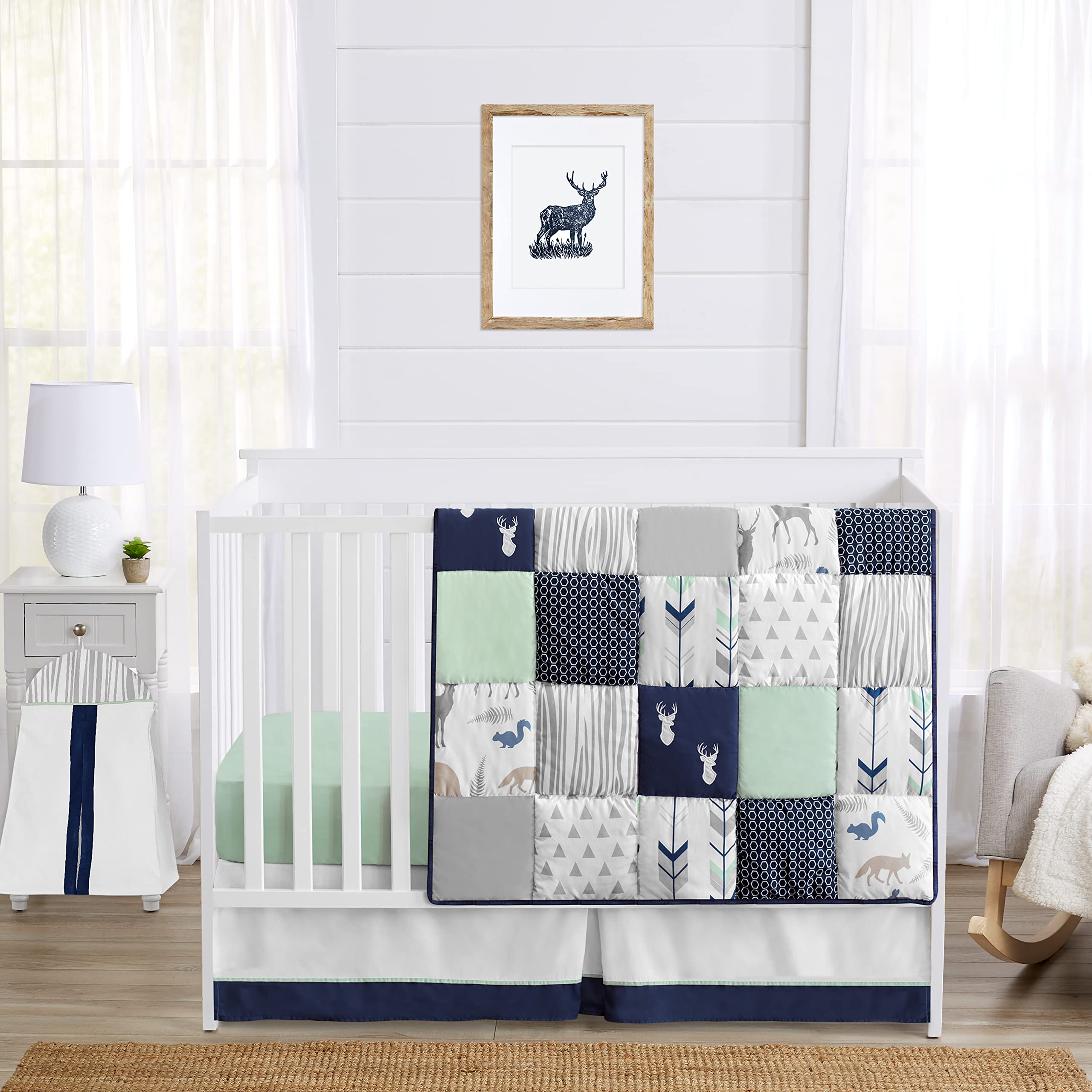 Sweet Jojo Designs Navy Blue, Mint & Grey Woodsy Deer Boys Baby Bedding 4-Piece Crib Set - Soft Nursery Bedding for Boys, Perfect for Cribs, Toddler Beds & Baby Showers
