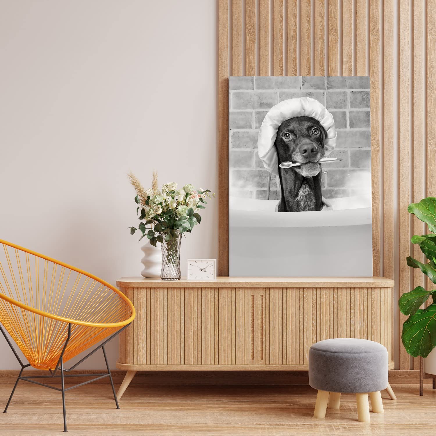 GUBIYU Funny Black and White Dog in Bathtub Canvas Wall Art - 24x36 Inch Contemporary Animal Painting Print for Bathroom, Living Room & Bedroom Decor | Perfect for Modern Homes, Apartments and Office Spaces