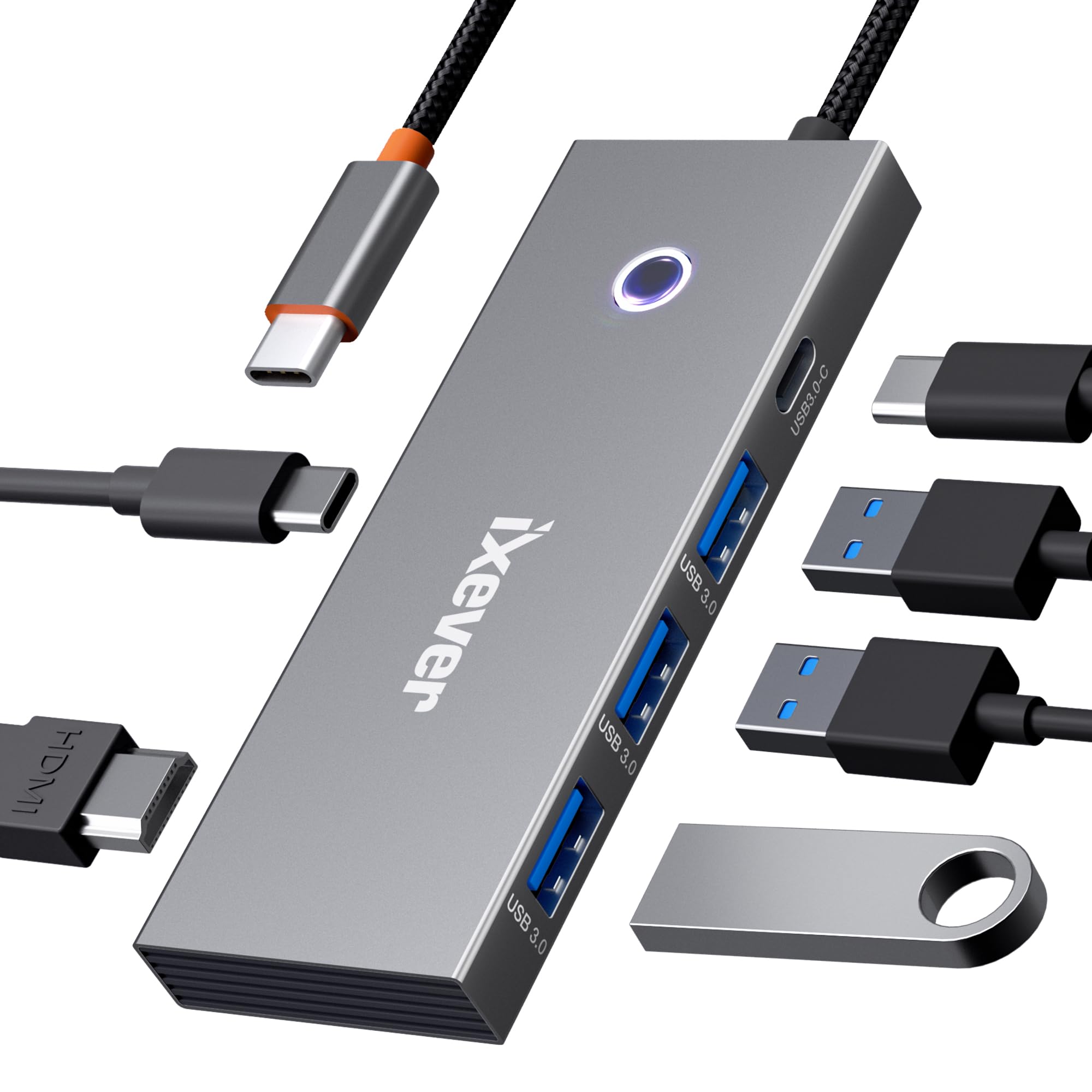 iXever 6-in-1 USB C Hub with HDMI 2.0, 4K@60Hz, 2x USB 3.0 Ports, 5Gbps Type-C & 100W PD Charging - One-Touch Screen-Off Button - Perfect for MacBook Pro/Air, iPad Pro, Dell XPS & More