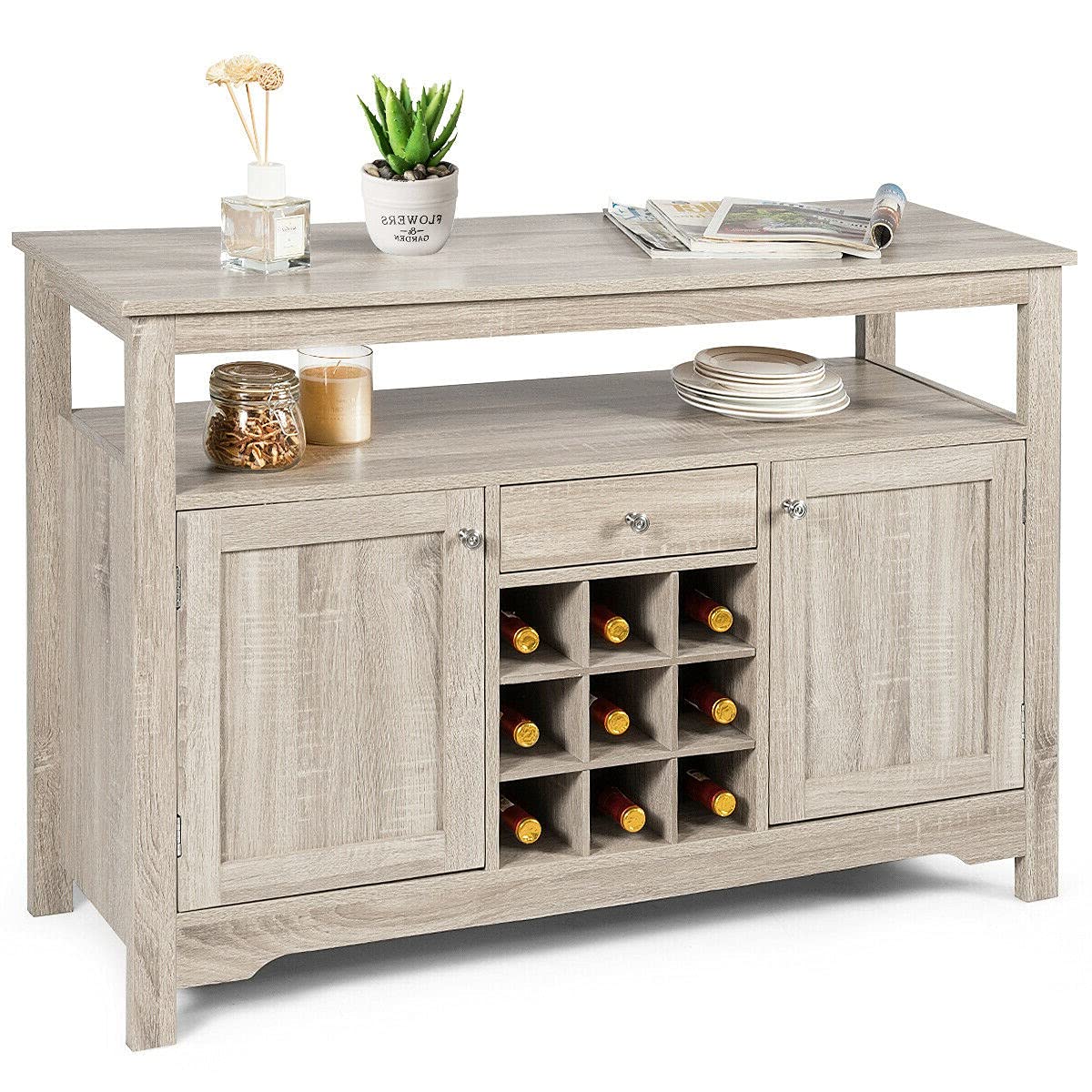 Grey Wooden Buffet Server Sideboard Console Table - 9 Wine Bottle Storage, 2 Cabinets & 1 Drawer - Kitchen Pantry Organizer for Dining Room, Living Room & Home Decor - Compact Open Shelf for Dishware, Utensils & Kitchenware Storage