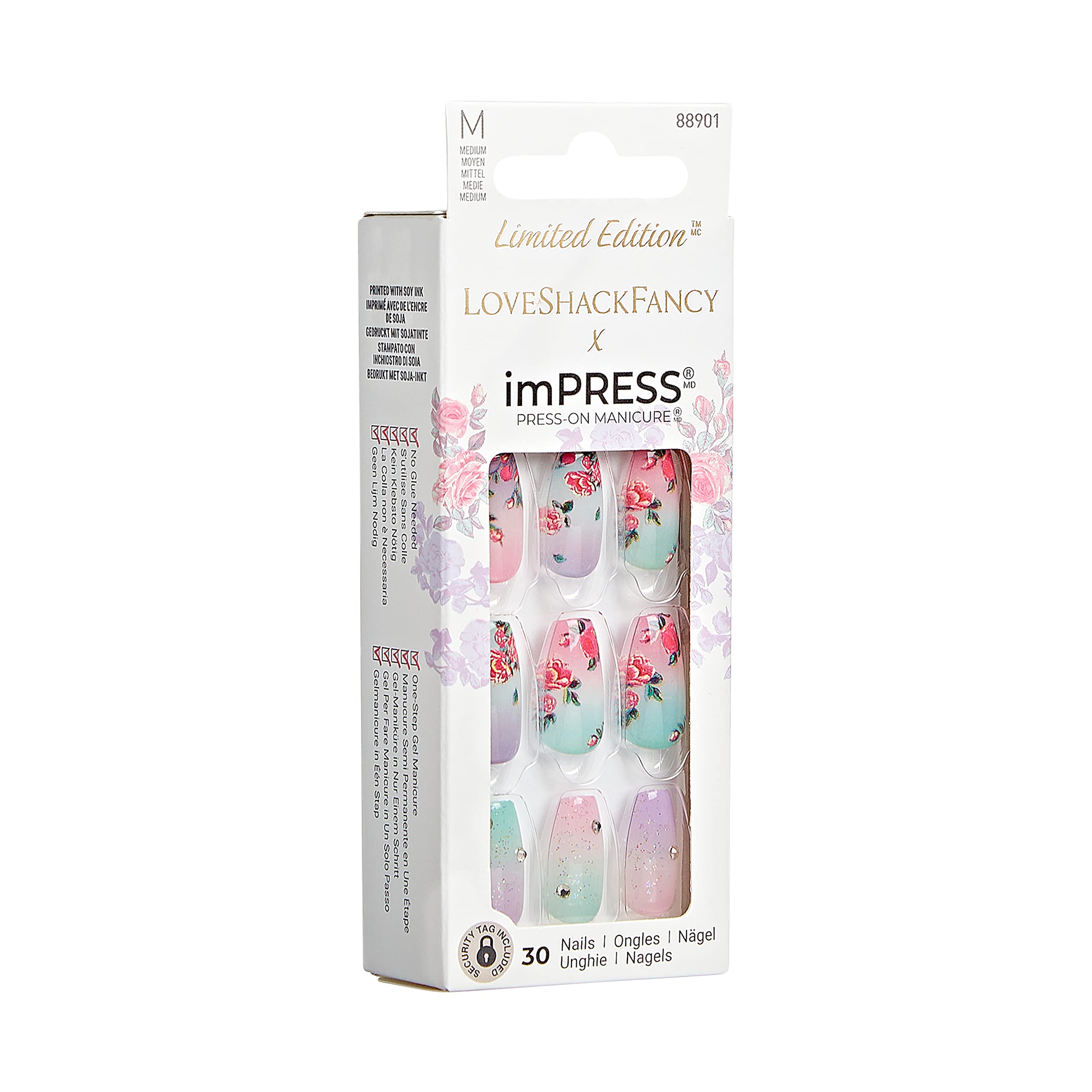 KISS LoveShackFancy x imPRESS Press-On Manicure Set - Limited Edition Lilac Crush Medium Coffin Purple Fake Nails with Prep Pad, Nail File & Cuticle Stick (30 Nails) | Perfect for Weddings, Parties & Special Occasions