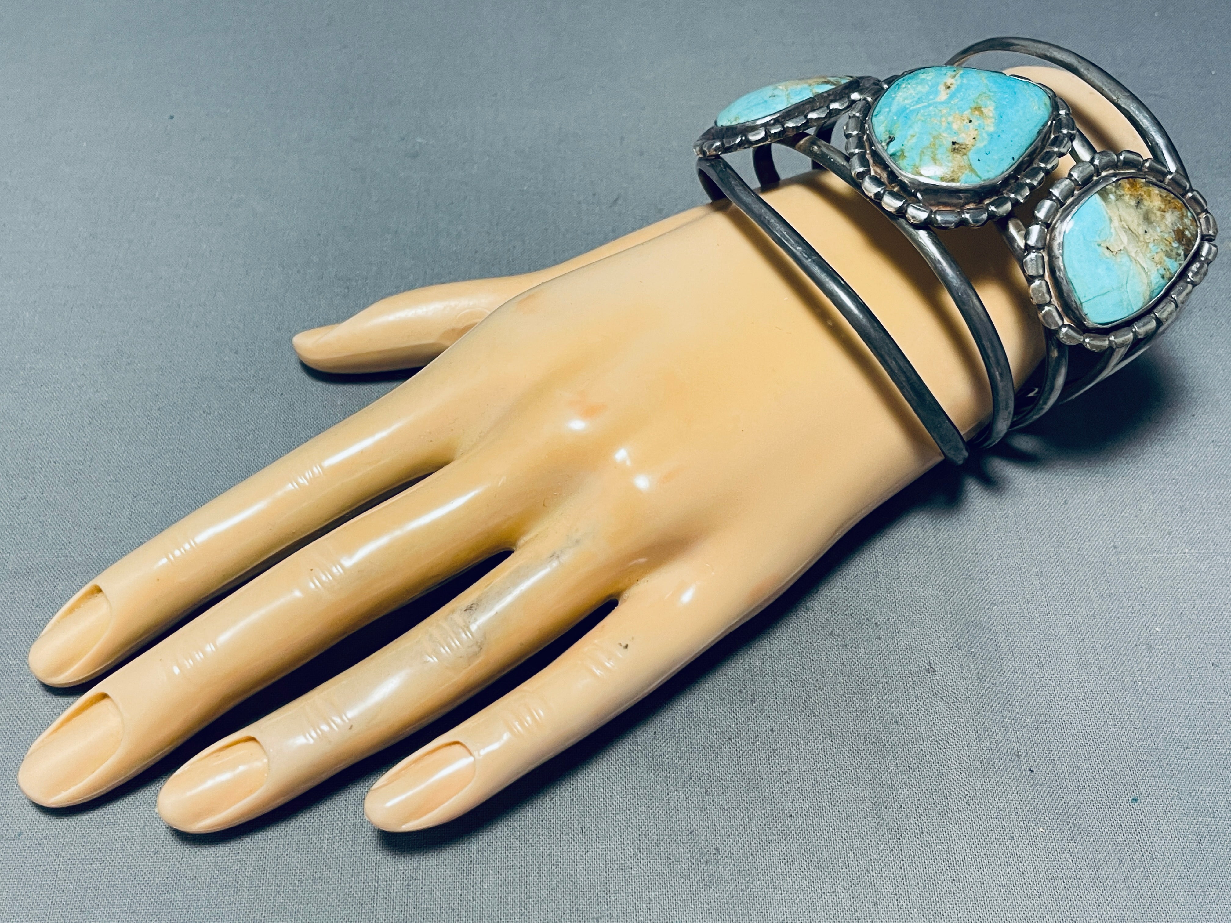 100 Grams Triple Chunk Turquoise Vintage Native American Navajo Sterling Silver Bracelet - Handmade Southwest Jewelry for Women, Boho Chic Accessory for Casual Wear & Special Occasions