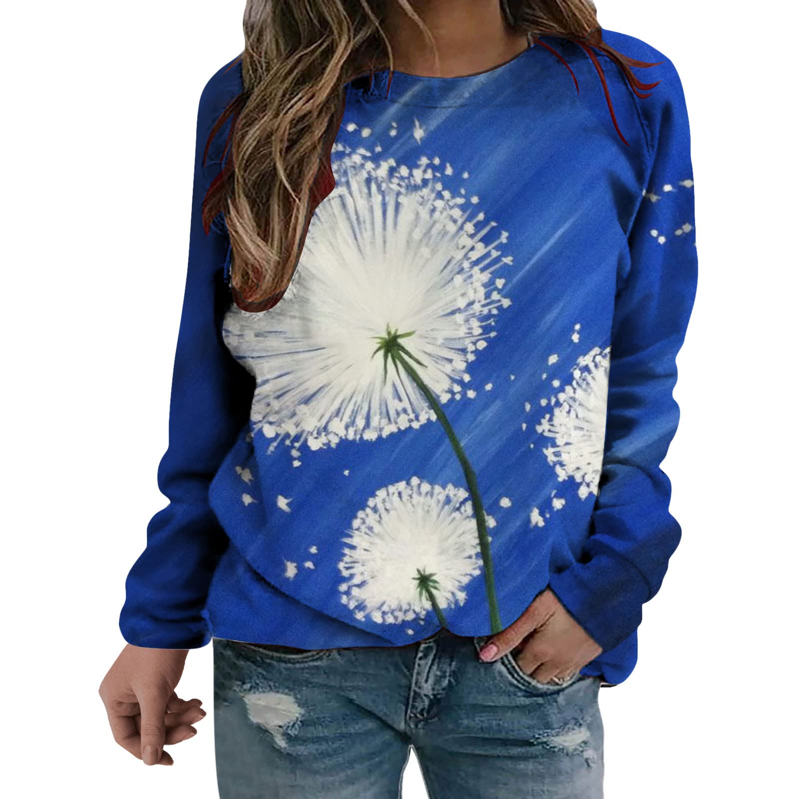 Women's Floral Print Long Sleeve T-Shirt - Casual Round Neck Loose Fit Blouse & Sweatshirt Top for Everyday Wear, Work, and Outings