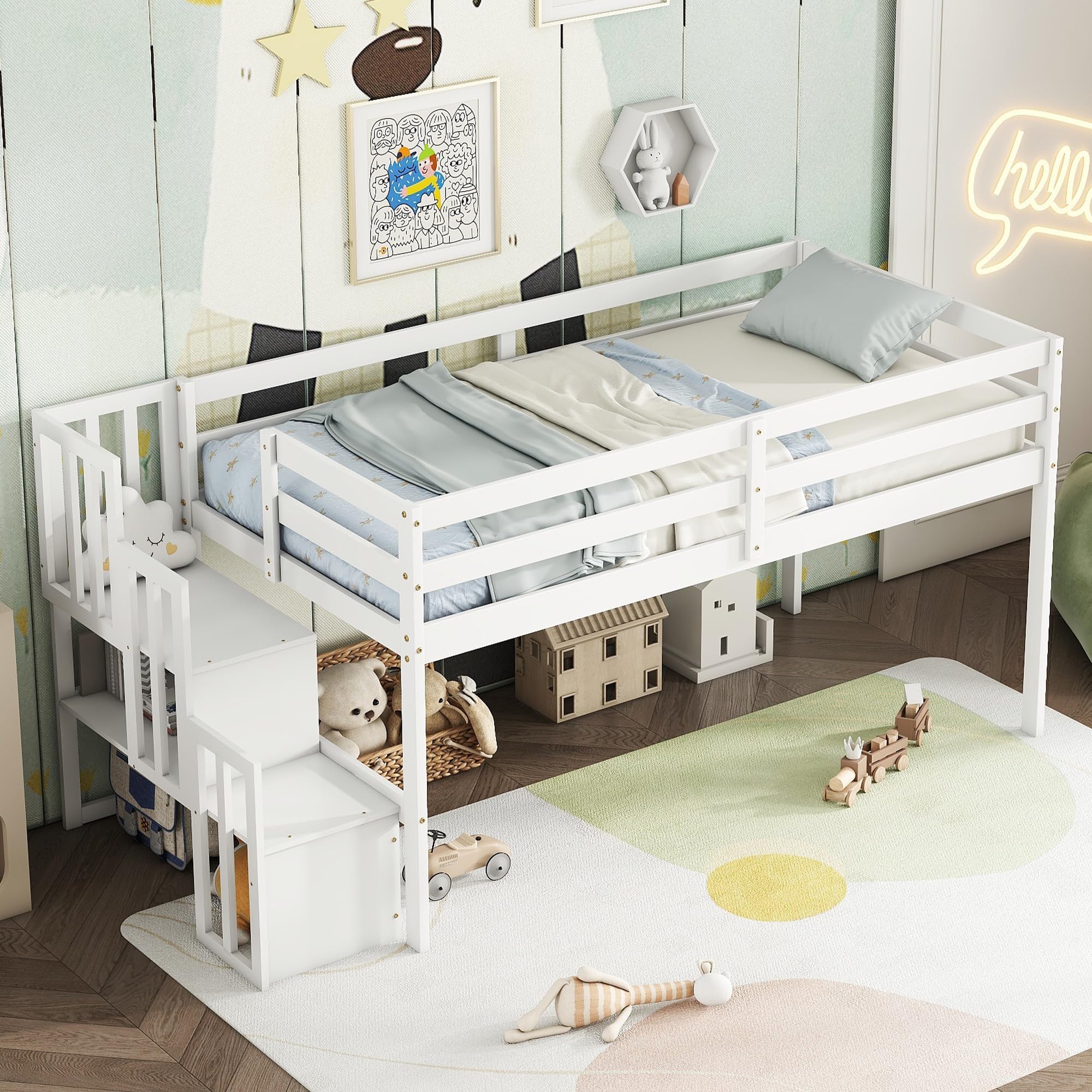 Twin Size Low Loft Bed with Stairs - Kids Wooden Loft Bed Frame with Storage Staircase for Boys & Girls - White - Perfect for Small Bedrooms, Dorm Rooms & Kids' Spaces