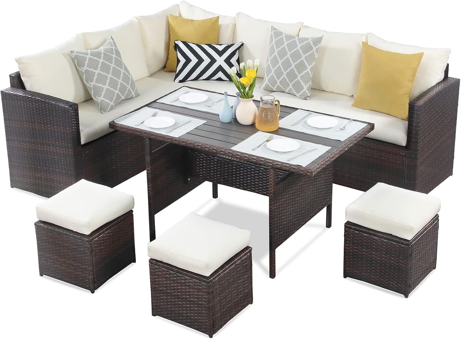 Wisteria Lane 7-Piece Patio Furniture Set - All-Weather Wicker Outdoor Dining Sectional Sofa with Table, Chairs & Ottoman in Brown | Perfect for Backyard, Garden, Poolside & Outdoor Entertaining