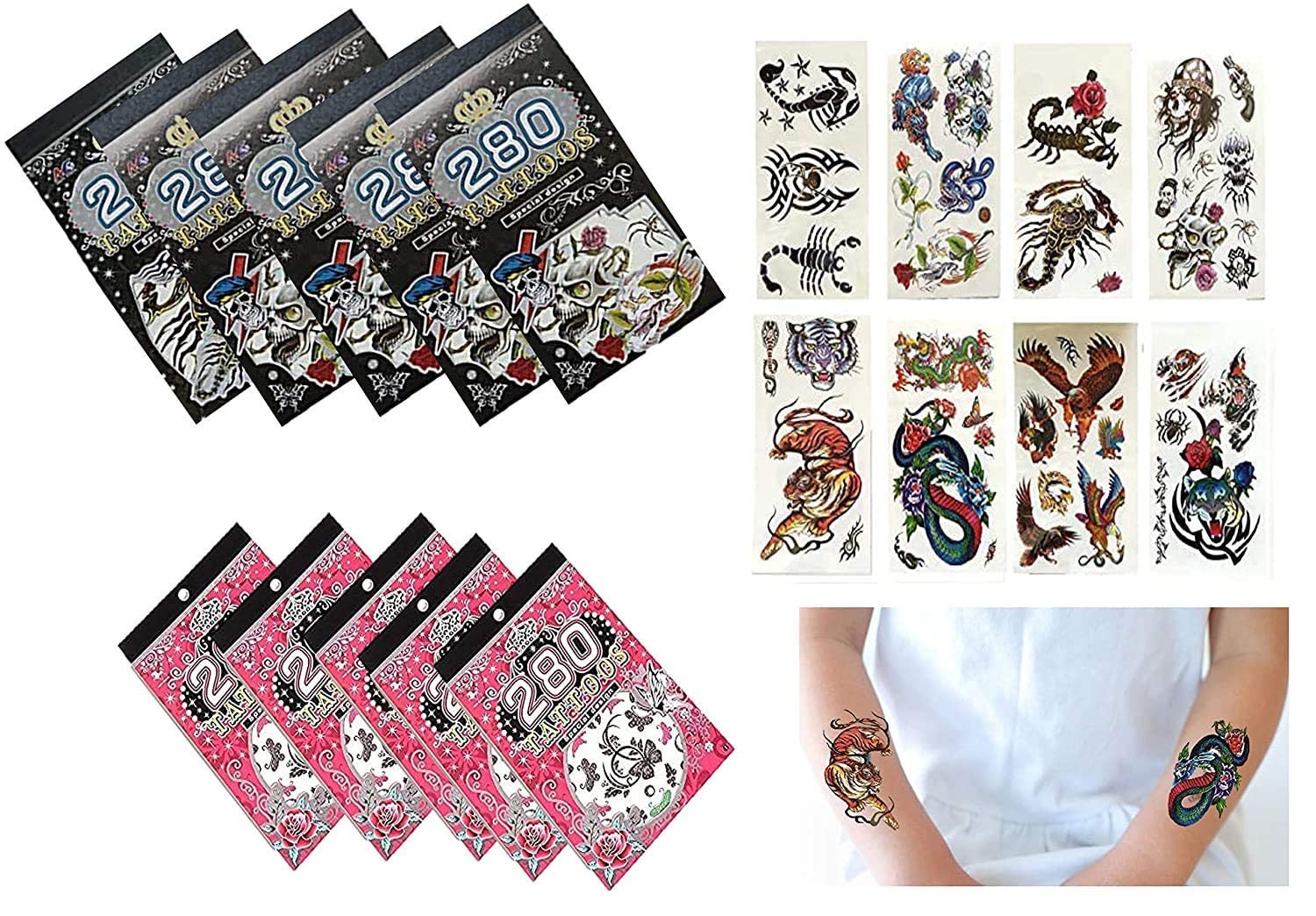 GNR Pack of 5 Temporary Tattoos for Boys - Random Fun Designs, Body Art Stickers for Kids Parties, Birthday Return Gifts, Halloween Costumes & Summer Camp Activities