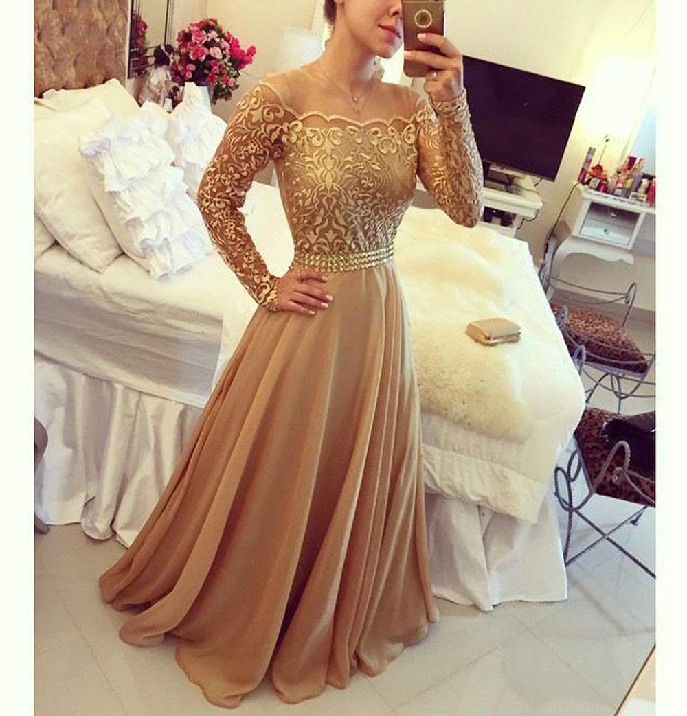 Elegant Women's Off Shoulder Long Sleeve Lace Beaded Evening Dress - A-Line Illusion Bridesmaid Gown for Weddings, Prom & Special Occasions