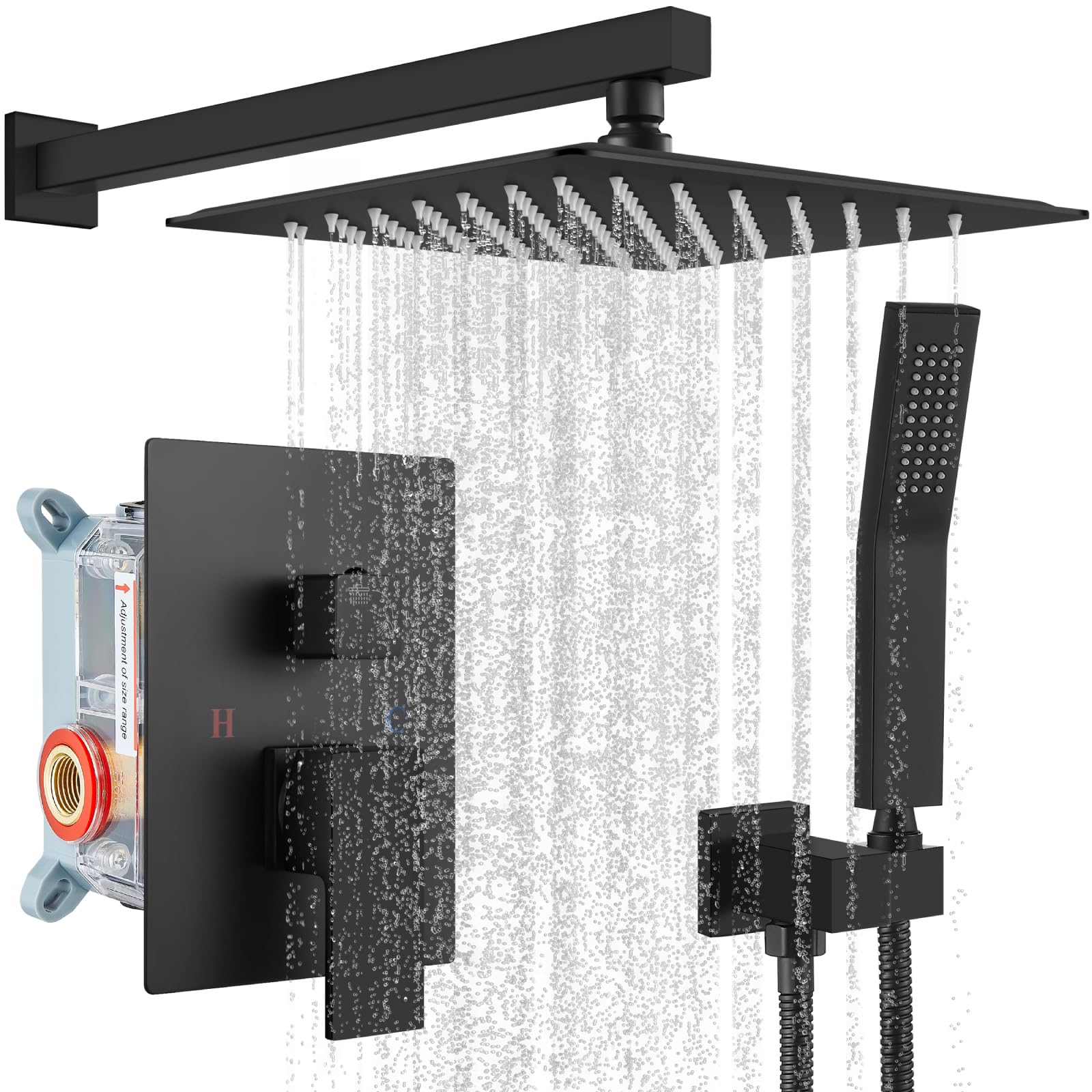Gotonovo 10 Inch Matte Black Rainfall Shower System - Wall Mounted Shower Head and Handle Combo with Solid Brass Pressure Balancing Mixer Valve | Perfect for Modern Bathroom Renovation & Spa-Like Shower Experience