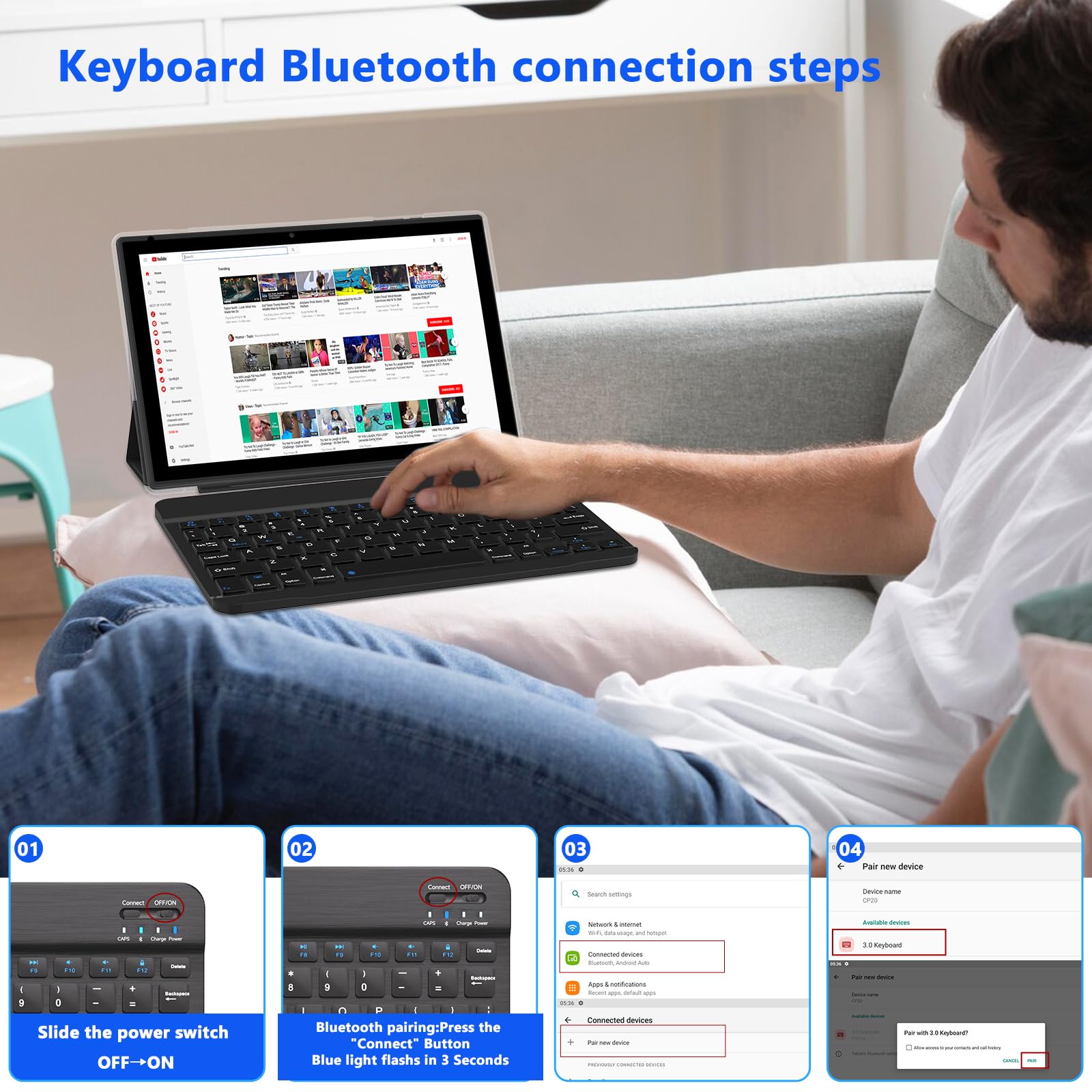 10.1 Inch 2-in-1 Android Tablet with Detachable Keyboard - 4GB RAM 64GB Storage (Expandable to 512GB) - WiFi Bluetooth, 6000mAh Battery, 8MP Dual Camera - Google GMS Certified - Includes Protective Case, Mouse & Stylus - Perfect for Work, Study & Entertainment