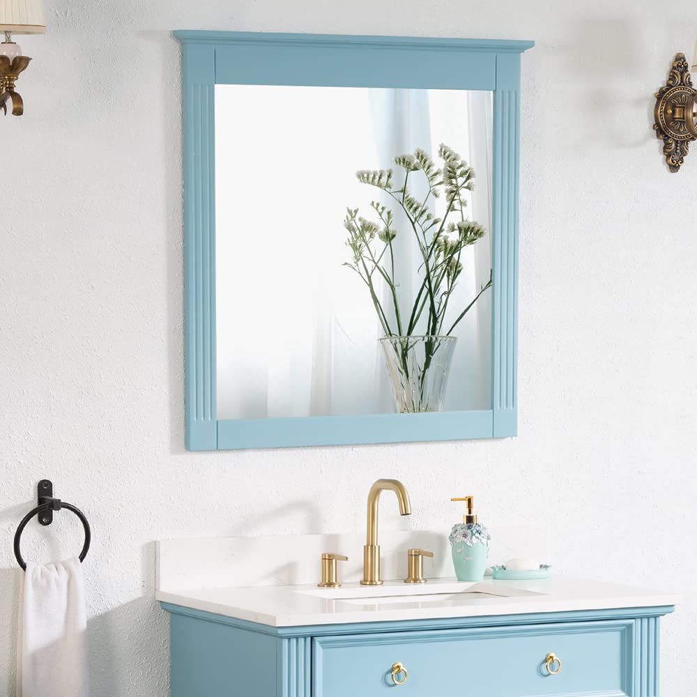 WELLFOR 32x33 Inch Wall Mounted Wooden Framed Mirror - HD Vanity Mirror for Bathroom, Bedroom, Living Room & Entryway - Classic Blue Finish with Vertical/Horizontal Hanging Options - Perfect for Makeup, Home Decor & Space Enhancement