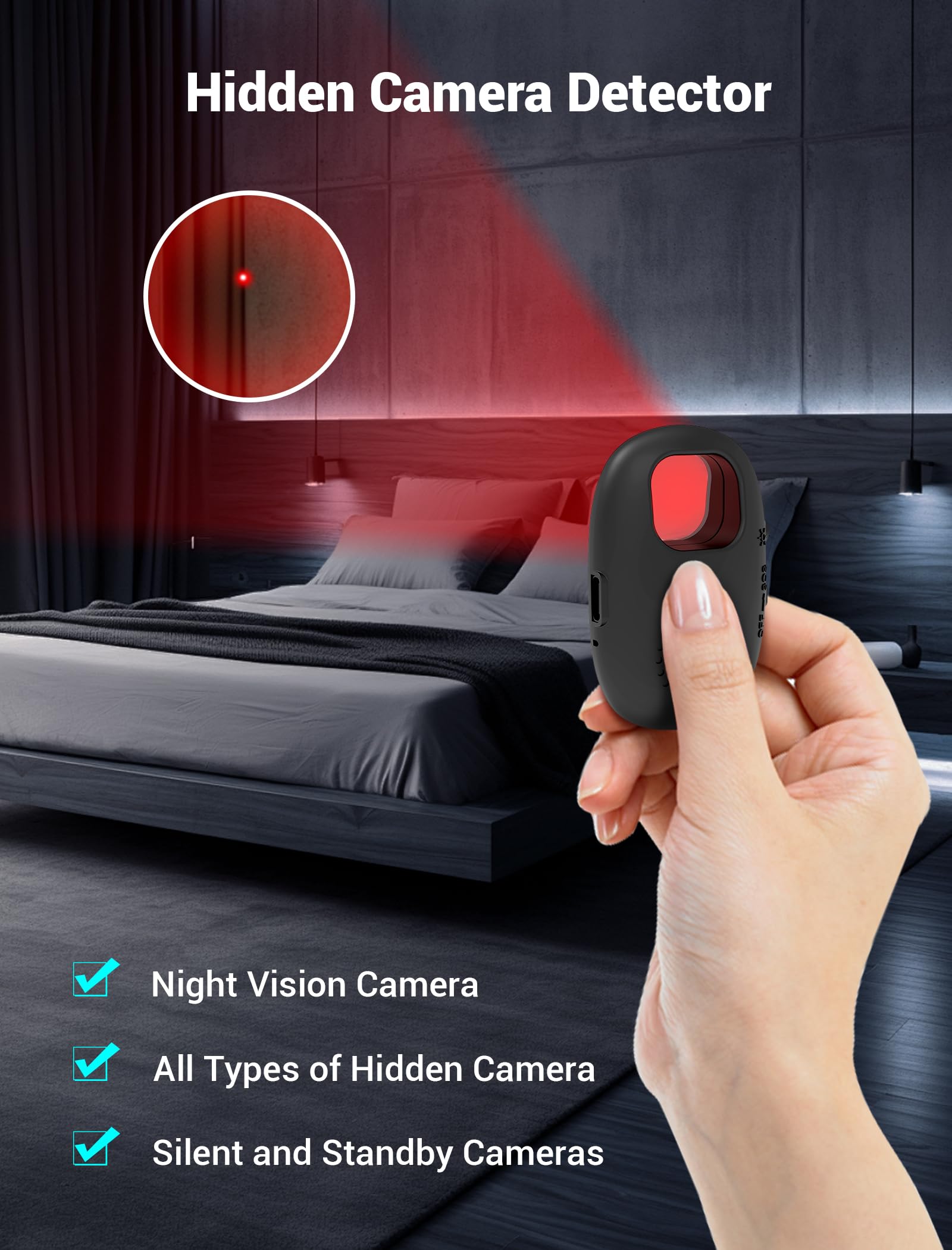 **Hidden Camera Detector - Anti Spy Device Finder for Hotel, Travel, Home, Airbnb | Portable Bug Detector for Bedroom, Bathroom & Office | Black**    *(Perfect for Travelers, Privacy Protection, Security Checks & Suspicious Area Scans)*