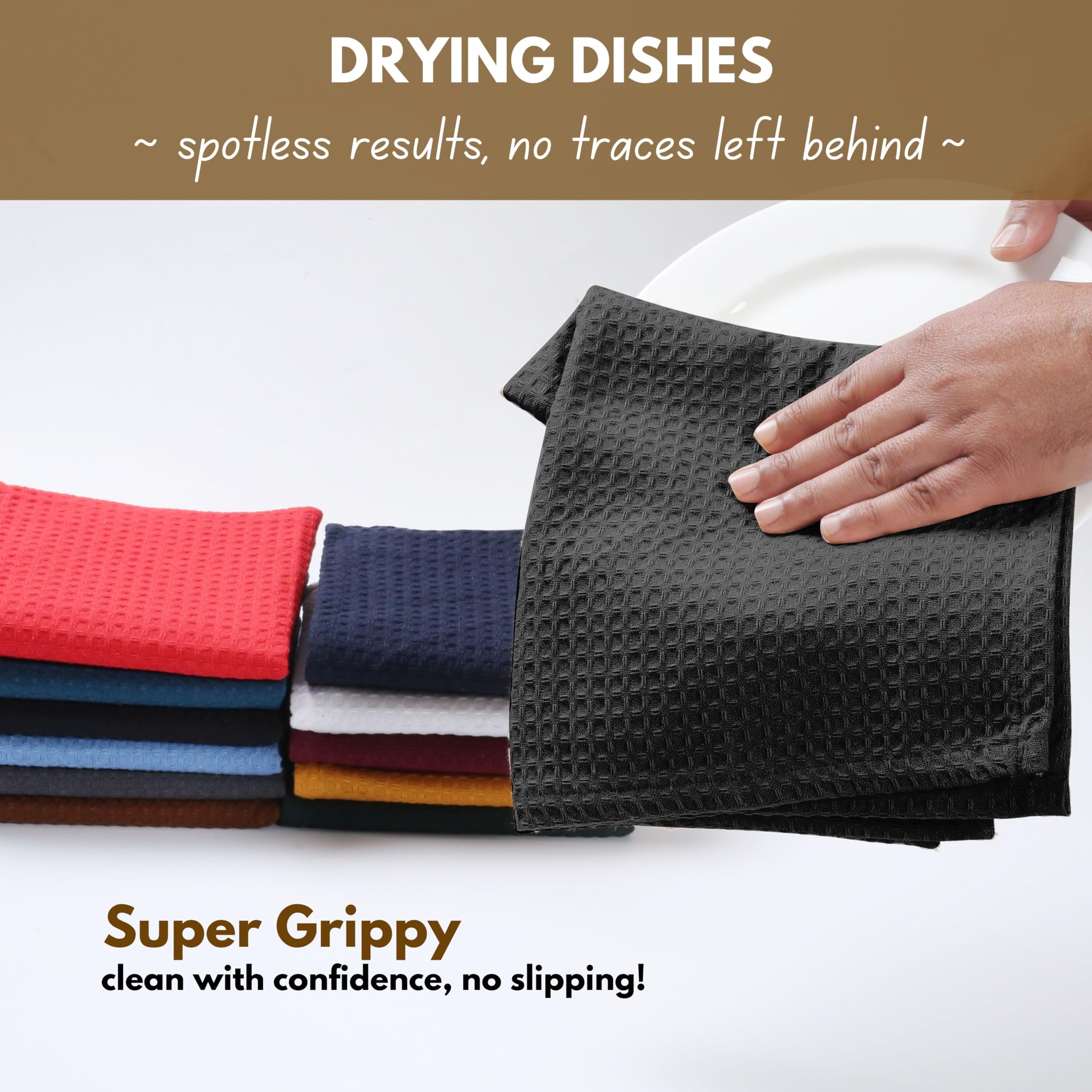 Premium 16x26 Inch Waffle Weave Kitchen Towels - 12-Pack Ultra Absorbent Cotton Dish Cloths with Hanging Loop | Soft Bar Towels, Cleaning Rags & Washcloths for Drying Dishes, Countertops & Glassware (Black)