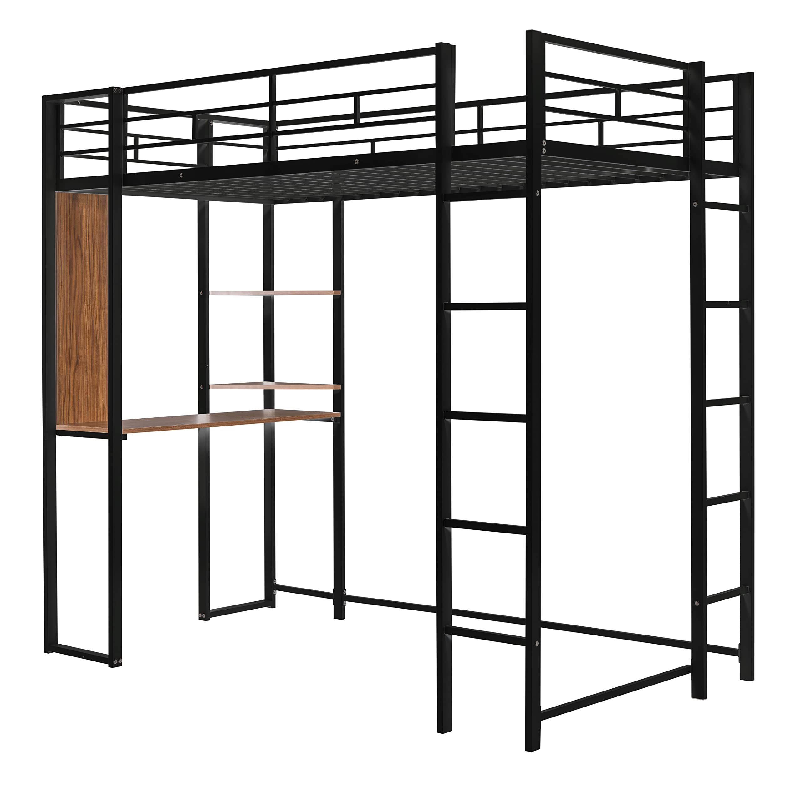 Twin Size Loft Bed with Study Desk & Storage Shelves - Sturdy Metal Frame with Safety Ladders & Guardrails - Space-Saving Design for Small Bedrooms, Dorms or Guest Rooms - Black Modern Furniture for Teens & Adults