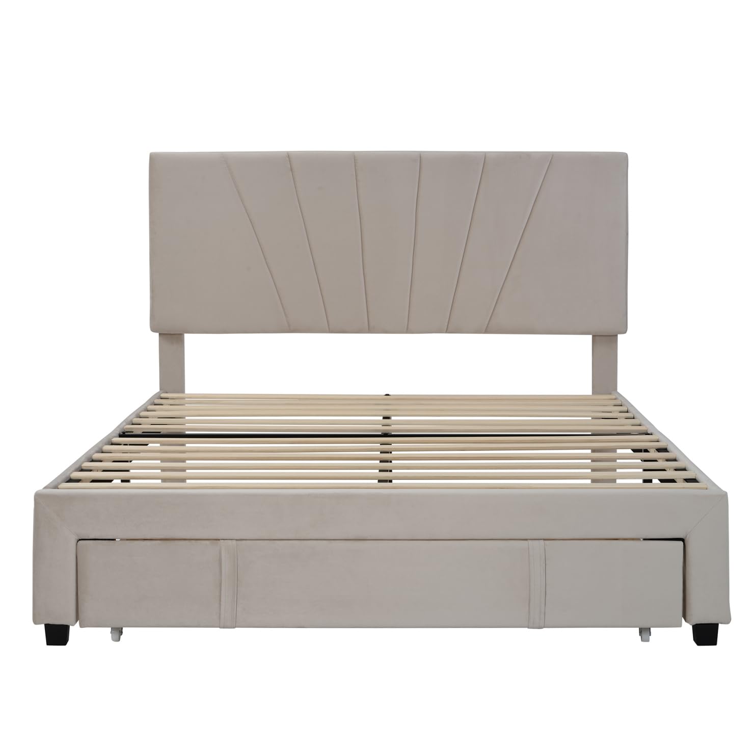 JINS&VICO Queen Size Velvet Upholstered Platform Bed Frame with Storage Drawer - No Box Spring Needed, Beige | Modern Bedroom Furniture for Adults, Teens, Boys & Girls | Perfect for Small Spaces & Master Bedrooms