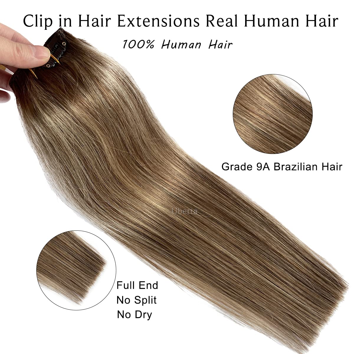 Clip in Hair Extensions 22 Inch - Ombre Brown to Chestnut Brown with Ash Blonde Highlights Balayage - 7pcs 70g Double Weft Straight Remy Human Hair - Natural Looking Hair Extensions for Women - Perfect for Daily Wear, Parties & Special Occasions