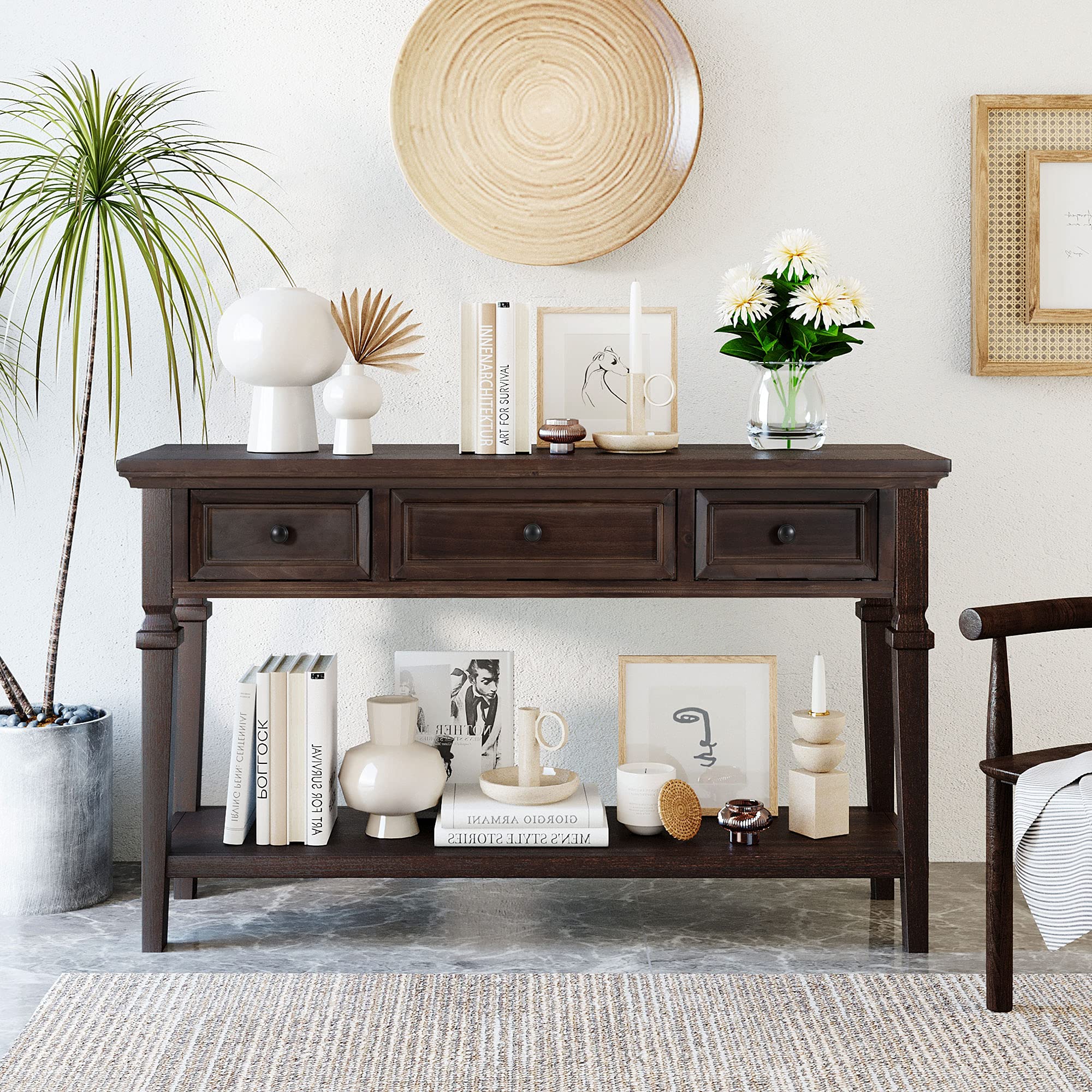 Merax Small Entryway Console Table with 3 Storage Drawers & Bottom Shelf - Narrow Sofa Table for Hallway, Living Room & Bedroom - Espresso Finish for Home Decor & Organization