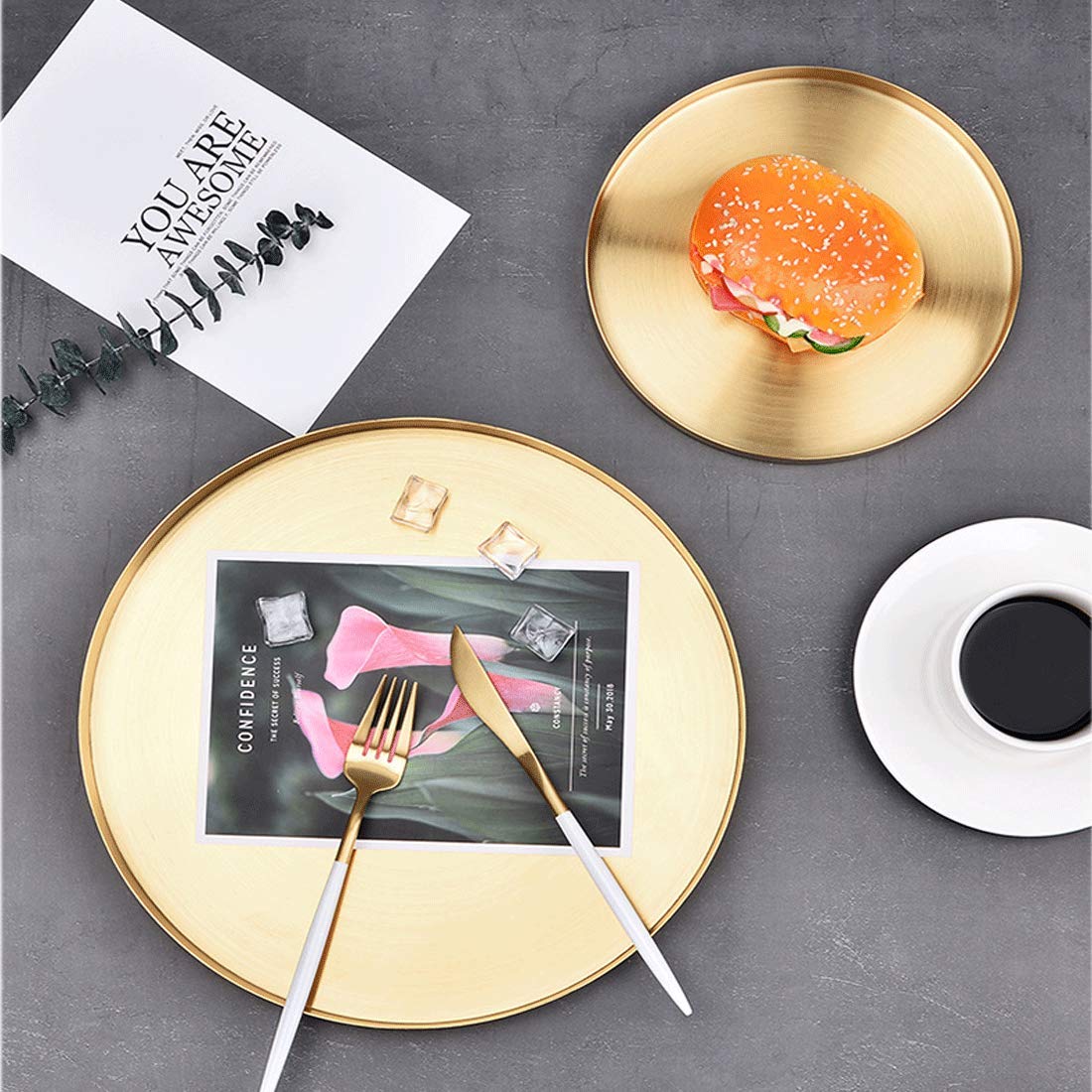 Gold Round Brass Trays & Stainless Steel Metal Plates - Decorative Storage Organizer Serving Tray for Vanity, Jewelry, Cosmetic & Kitchen Tableware (Medium) | Perfect for Home Decor, Party Serving, and Bathroom Organization