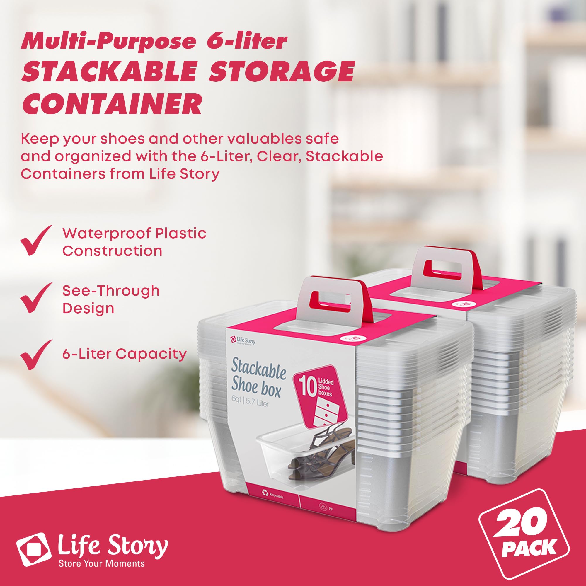20-Pack Plastic Storage Boxes with Lids - 6L Stackable Organizer Tote Containers for Home, Office & Craft Organization | Durable Clear Bins for Closet, Pantry, Garage & Toy Storage