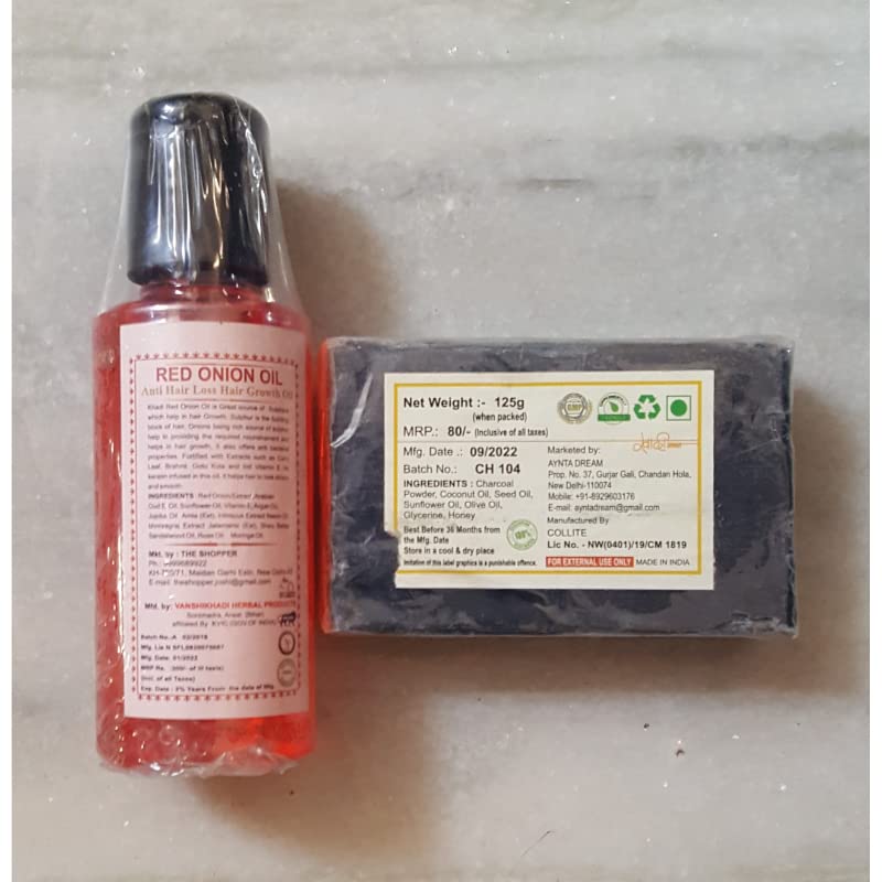 Annu Collection Herbal Red Onion Oil & Charcoal Soap Set - Natural Hair Growth & Skin Cleansing Treatment - Handmade for Daily Hair Care & Acne-Prone Skin