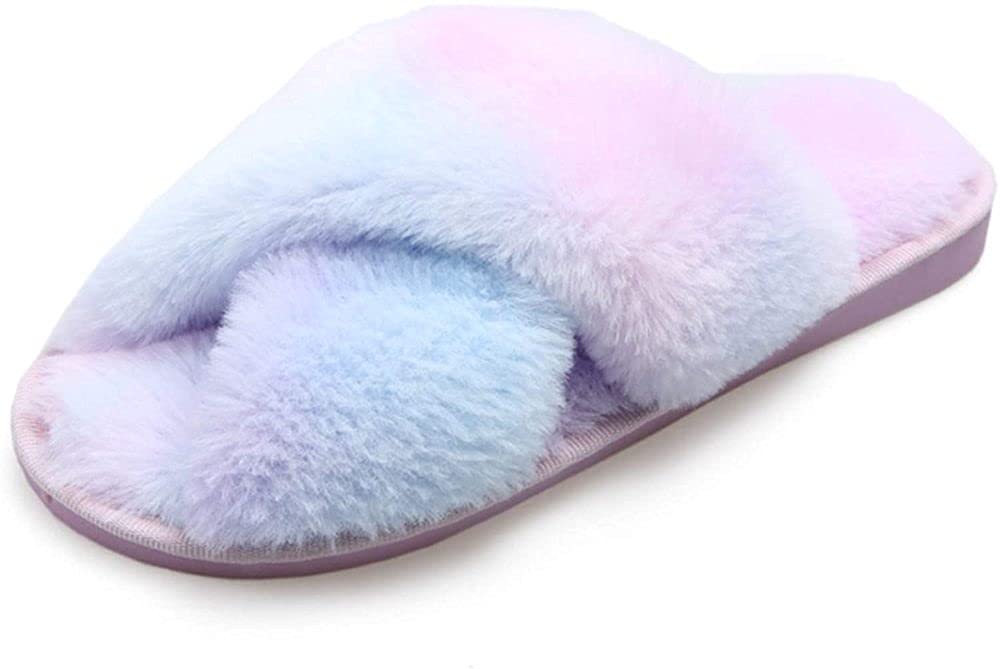 PLMOKN Women's Cozy Plush Slippers - Non-Slip Indoor/Outdoor Flip Flops - Soft Fluffy House Sandals for Women (Blue, US Size 5-6) - Perfect for Home, Lounge & Winter Comfort