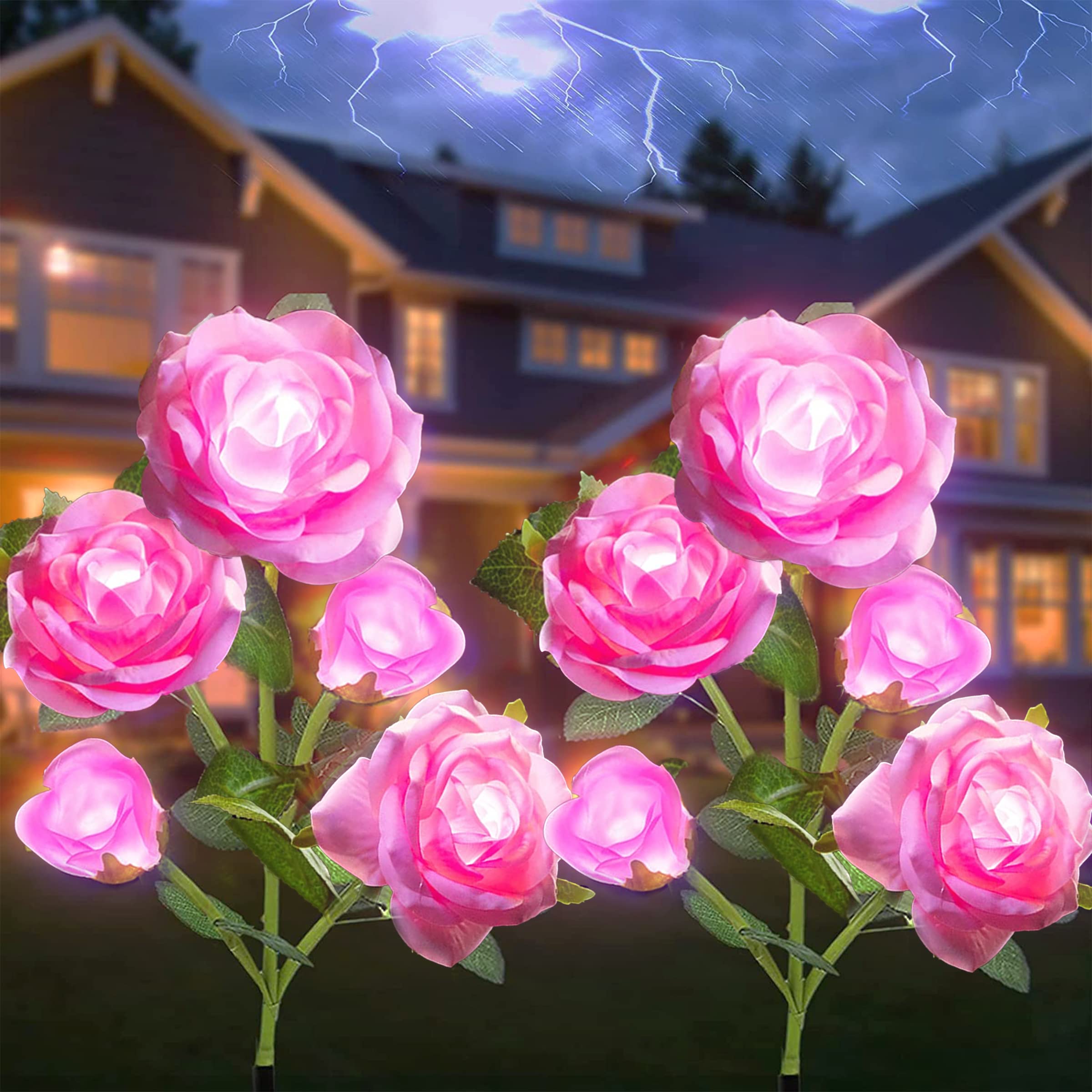 Solar Powered Flower Lights - 10 Pink Rose Garden Decorations, Outdoor Waterproof Solar Stake Lights for Patio, Pathway, Yard & Lawn (2 Pack) - Perfect for Romantic Evenings, Wedding Decor & Backyard Lighting