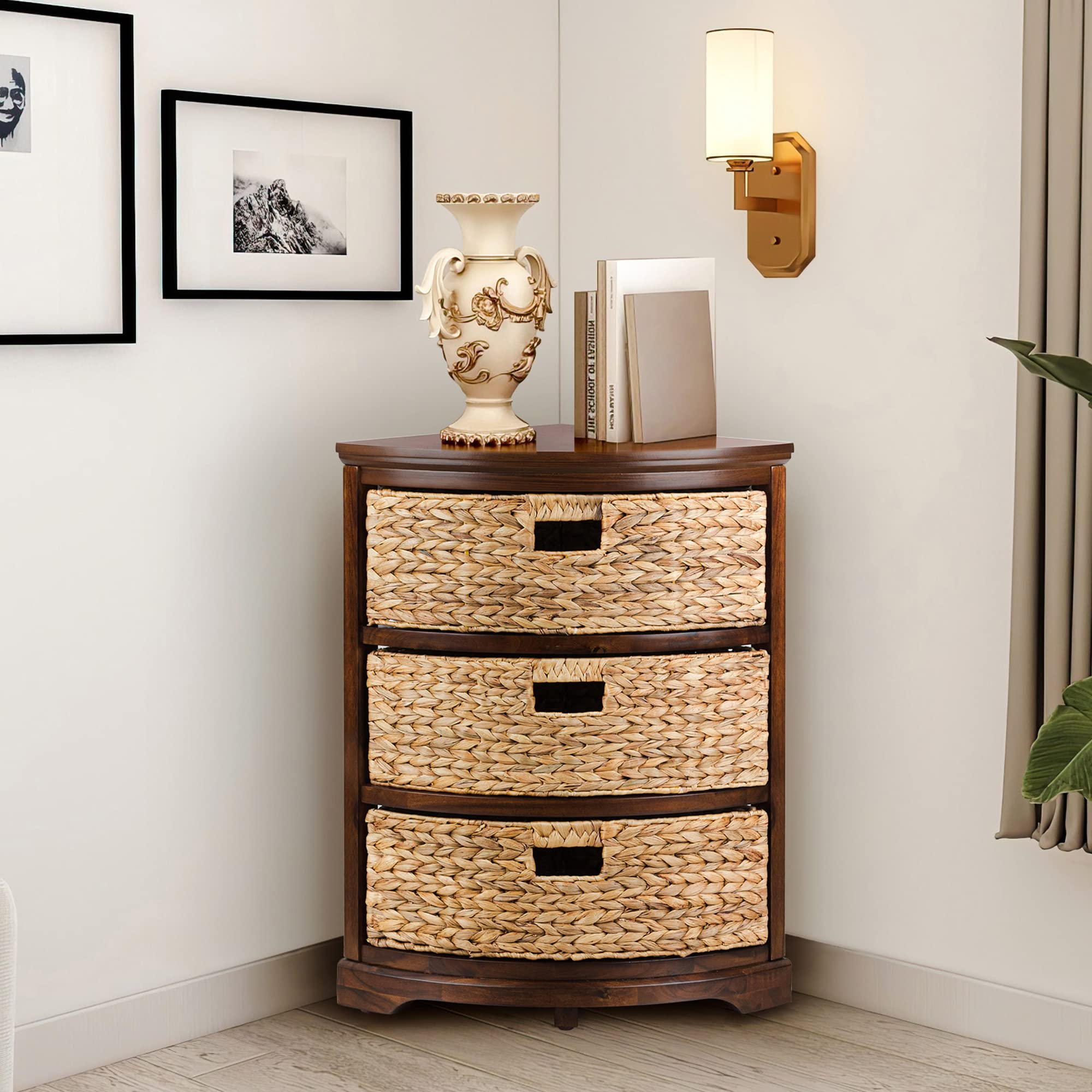 3-Tier Corner Storage Cabinet with Wicker Baskets - Hampton Meadows Walnut X-Side Table for Living Room, Bedroom & Entryway Organization