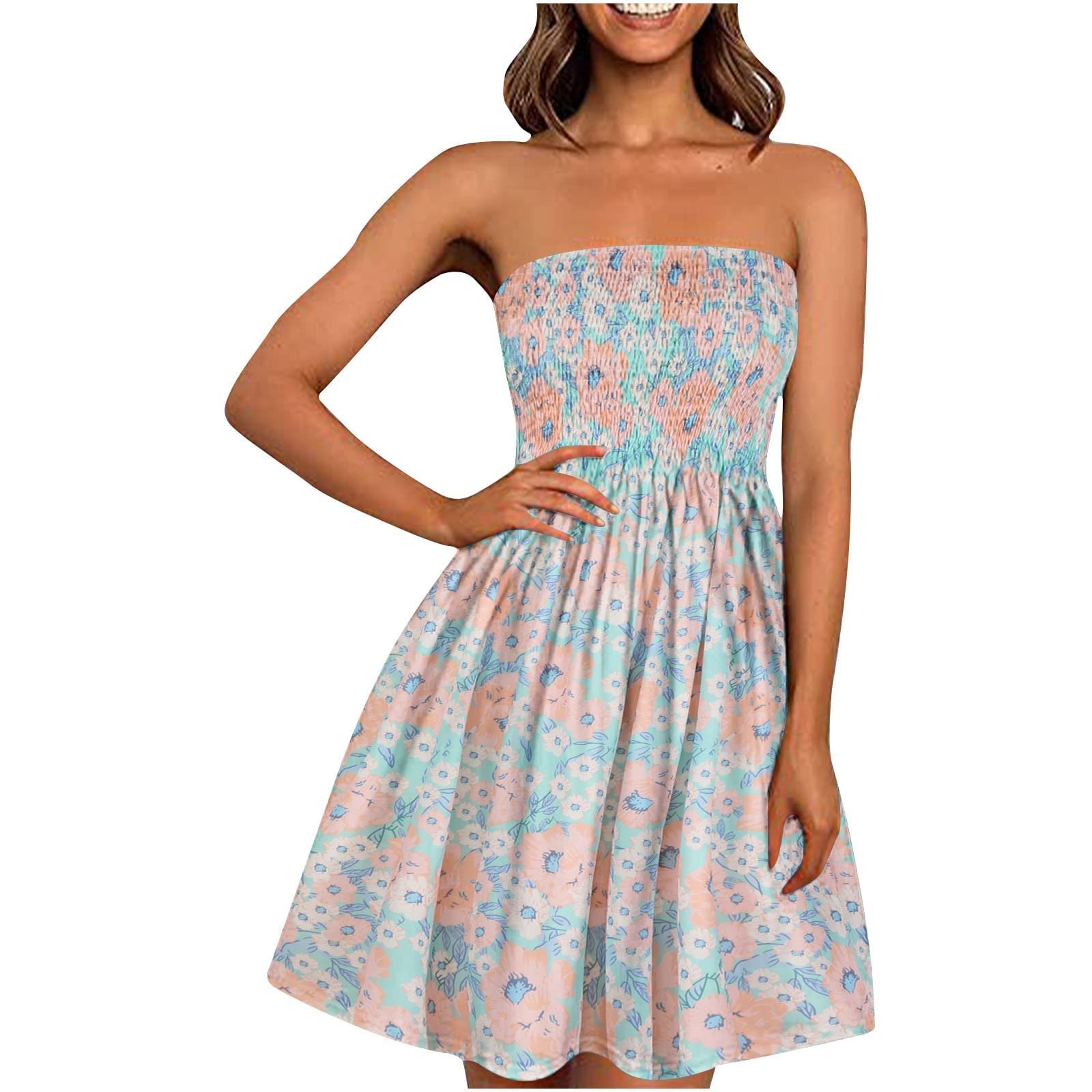 Fragarn Women's Summer Dresses 2023 - Strapless Bandeau Elastic Boho Floral A-Line Sundress | Casual Sleeveless Dress for Beach, Vacation & Outdoor Parties