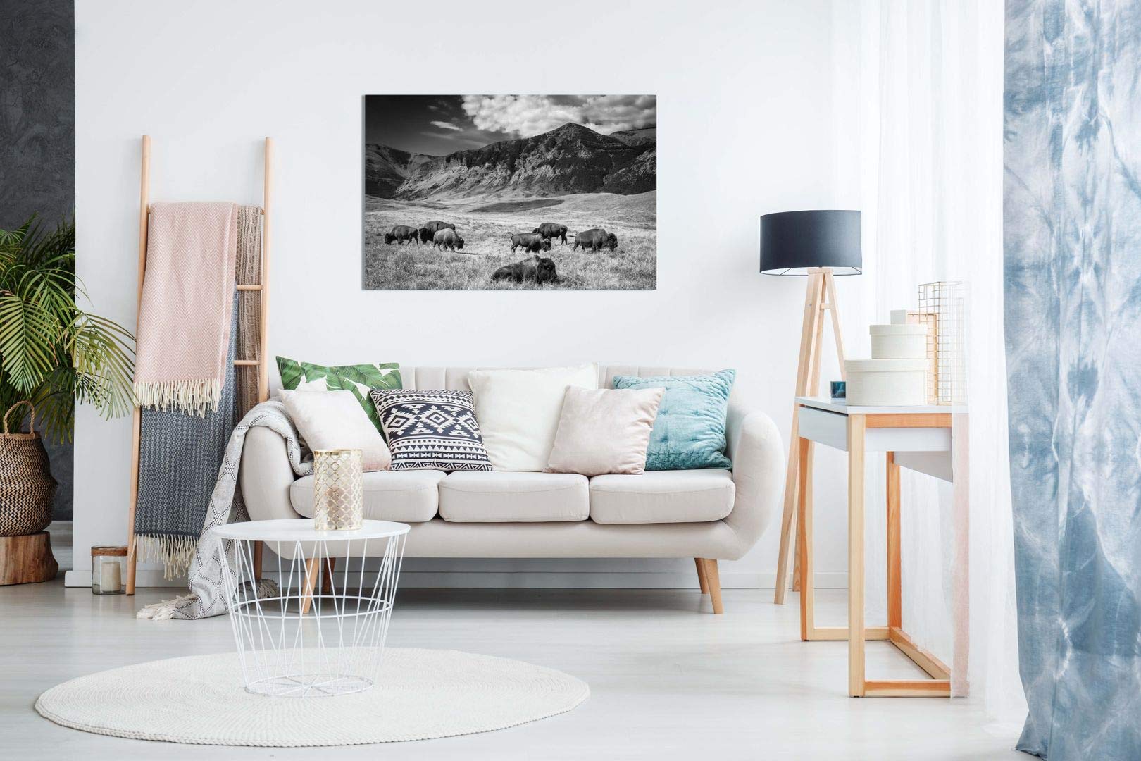 Black and White Buffalo Grazing Mountain Landscape Canvas Wall Art Print (36x24) - Modern Home Decor for Living Room, Bedroom & Office