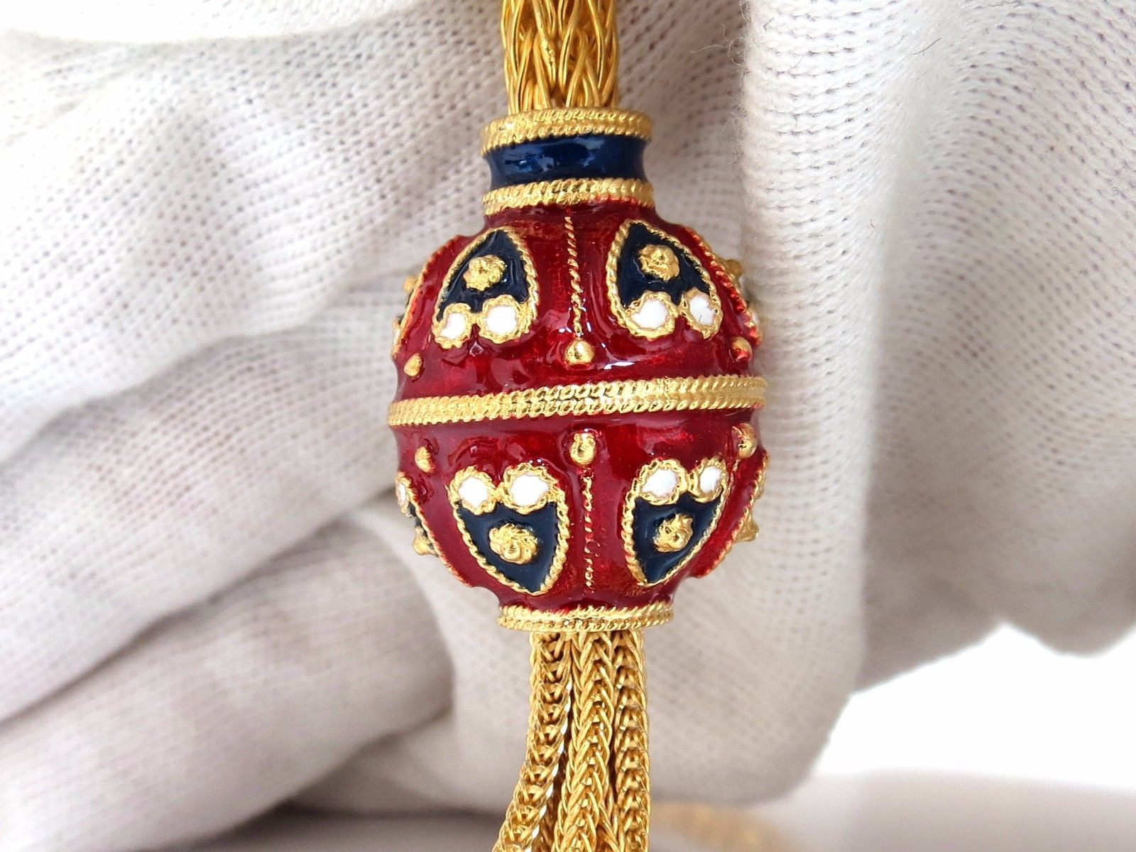 18K Gold Sailor's Knot Enamel Weave Necklace - Long Bolo Tassel Pendant - 132g Vintage Deco Jewelry - Perfect for Beach Weddings, Boho Fashion & Gift Giving