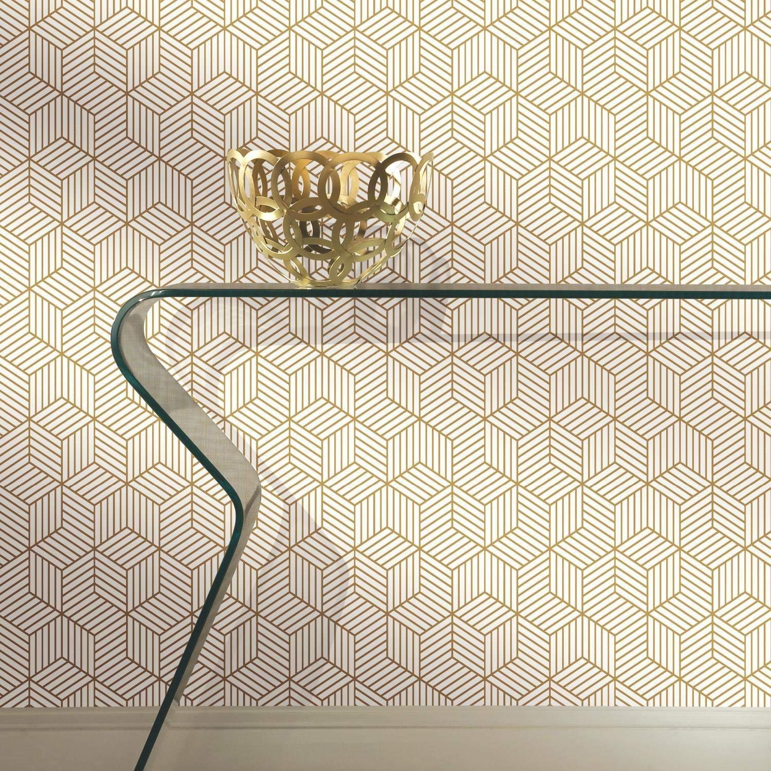 Gold Geometric Hexagon Peel and Stick Wallpaper - 17.7x9.8ft Self-Adhesive Contact Paper for Walls, Shelves & Drawers | Easy Removable Decorative Film for Home Decor, Furniture Makeover & DIY Projects | Perfect for Bedrooms, Kitchens, Offices & Rental Spaces