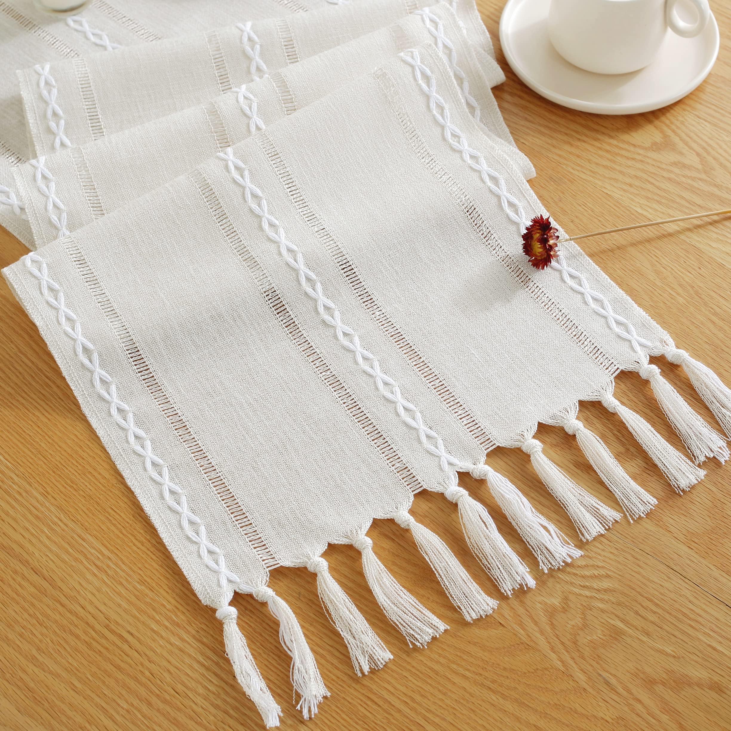 JIALE Rustic Farmhouse Table Runner with Tassels - 72 Inch Boho Cotton Linen Tablecloth for Dining Table Decor, Holiday Parties & Weddings (Ivory) | Perfect for Farmhouse Weddings, Thanksgiving Decor & Boho Home Styling